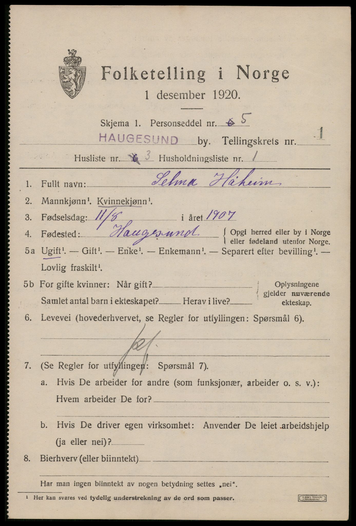 SAST, 1920 census for Haugesund, 1920, p. 11557