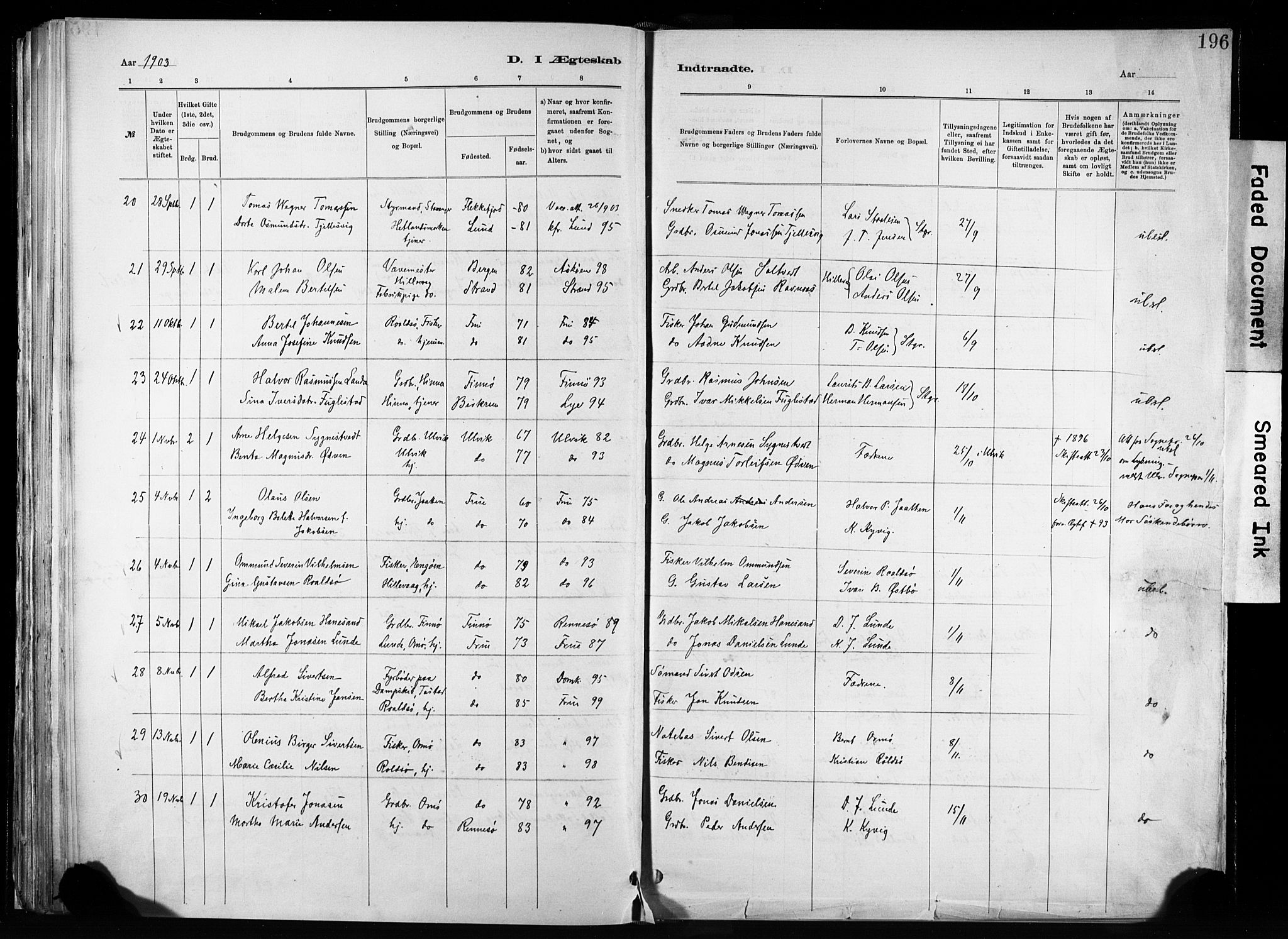 Hetland sokneprestkontor, SAST/A-101826/30/30BA/L0011: Parish register (official) no. A 11, 1884-1911, p. 196