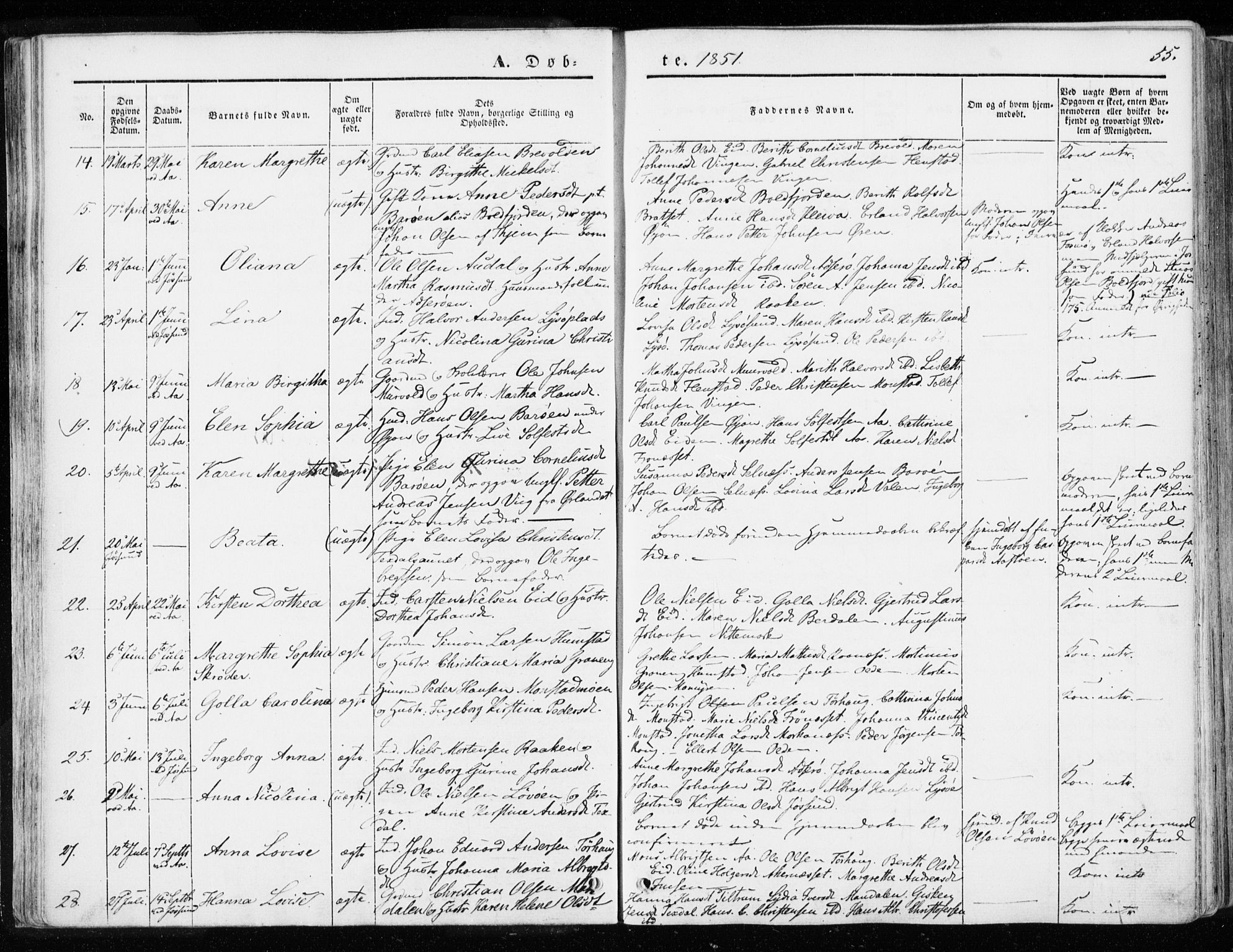 Ministerialprotokoller, klokkerbøker og fødselsregistre - Sør-Trøndelag, SAT/A-1456/655/L0677: Parish register (official) no. 655A06, 1847-1860, p. 55