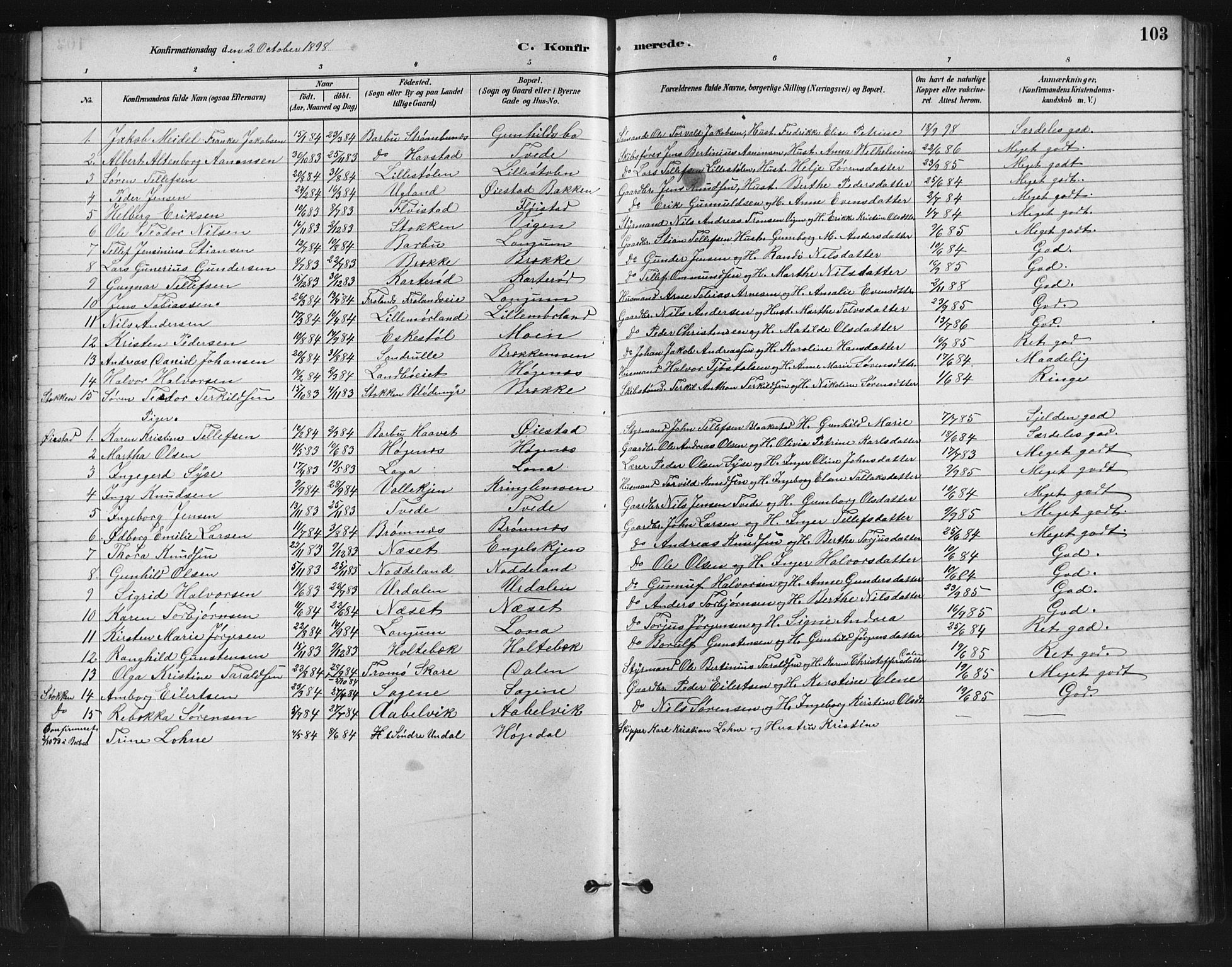 Austre Moland sokneprestkontor, SAK/1111-0001/F/Fb/Fba/L0003: Parish register (copy) no. B 3, 1879-1914, p. 103