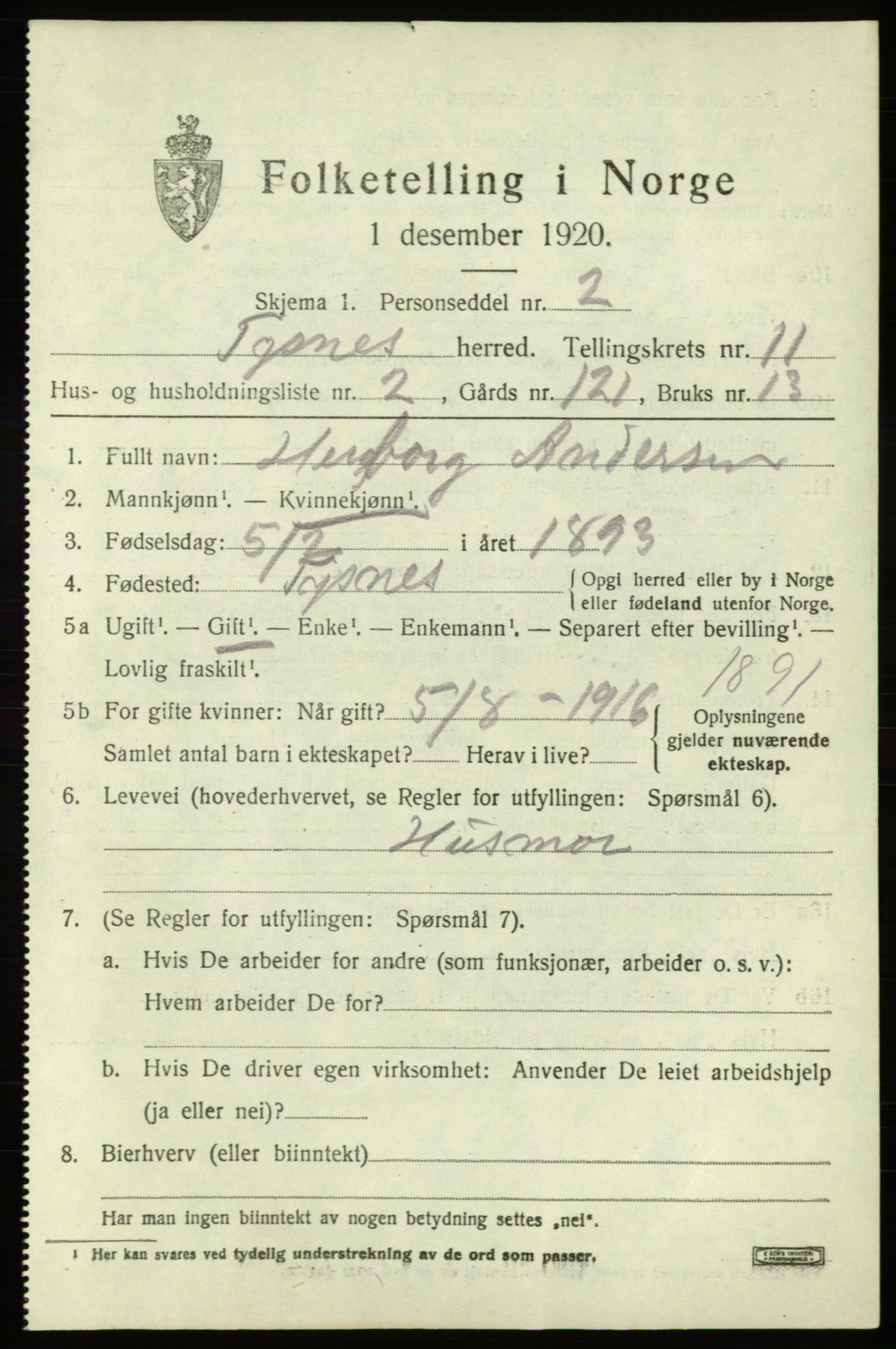 SAB, 1920 census for Tysnes, 1920, p. 7498