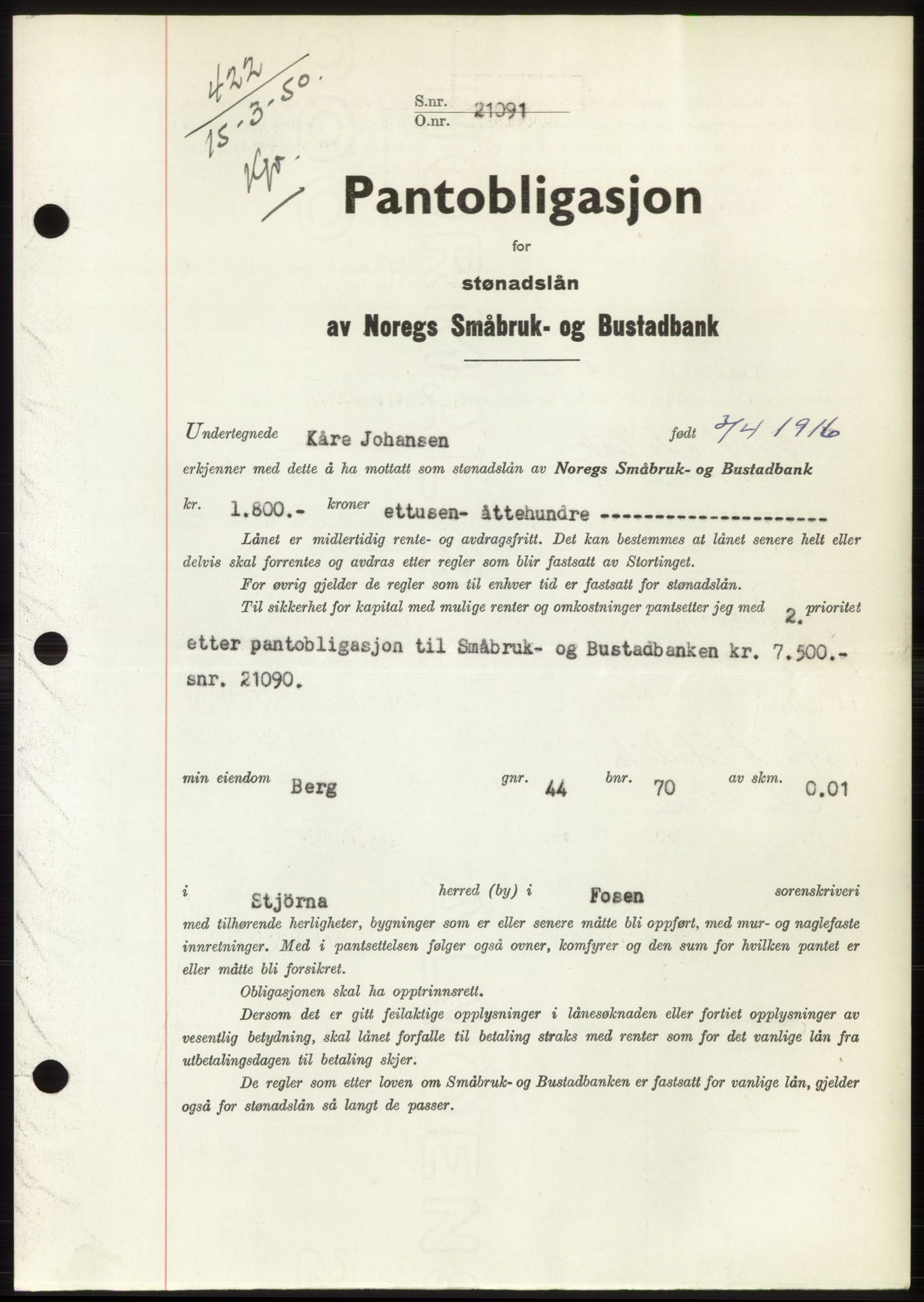 Fosen sorenskriveri, AV/SAT-A-1107/1/2/2C: Mortgage book no. B, 1948-1950, Diary no: : 422/1950
