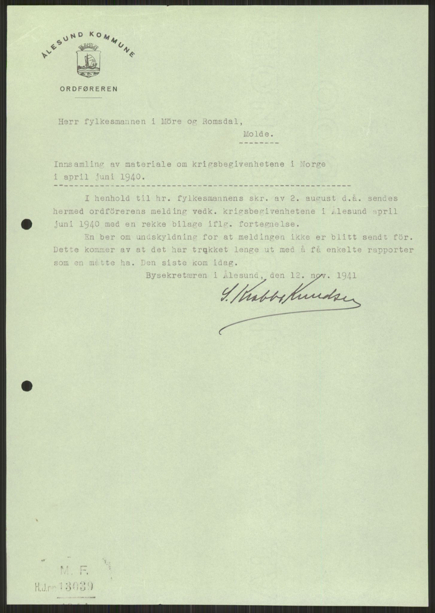 Forsvaret, Forsvarets krigshistoriske avdeling, AV/RA-RAFA-2017/Y/Ya/L0015: II-C-11-31 - Fylkesmenn.  Rapporter om krigsbegivenhetene 1940., 1940, p. 853