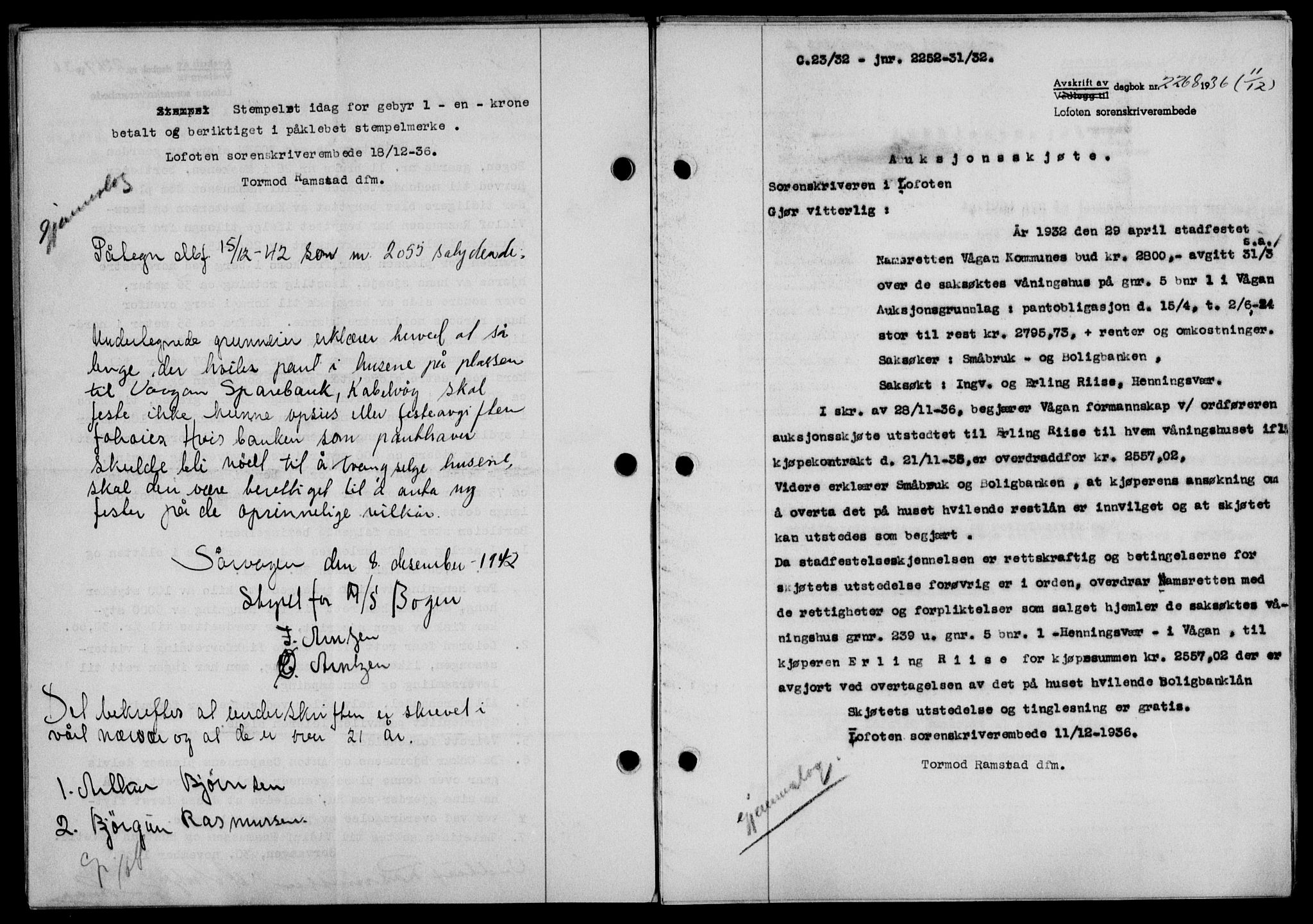 Lofoten sorenskriveri, SAT/A-0017/1/2/2C/L0001a: Mortgage book no. 1a, 1936-1937, Diary no: : 2268/1936