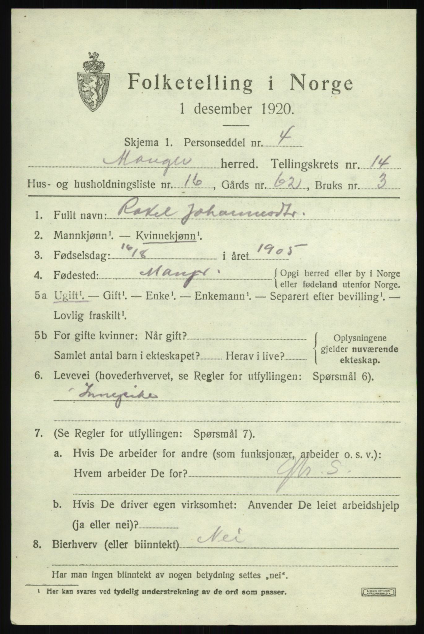 SAB, 1920 census for Manger, 1920, p. 8440