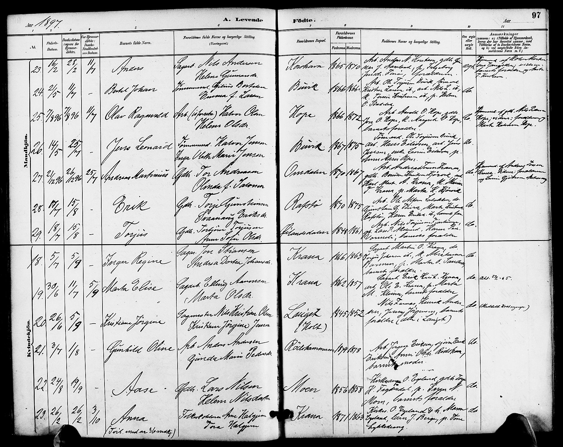 Søndeled sokneprestkontor, AV/SAK-1111-0038/F/Fa/L0005: Parish register (official) no. A 5, 1889-1899, p. 97