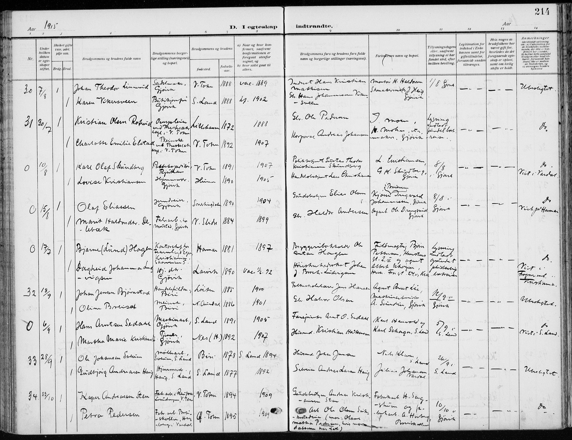 Vardal prestekontor, AV/SAH-PREST-100/H/Ha/Haa/L0014: Parish register (official) no. 14, 1912-1922, p. 214