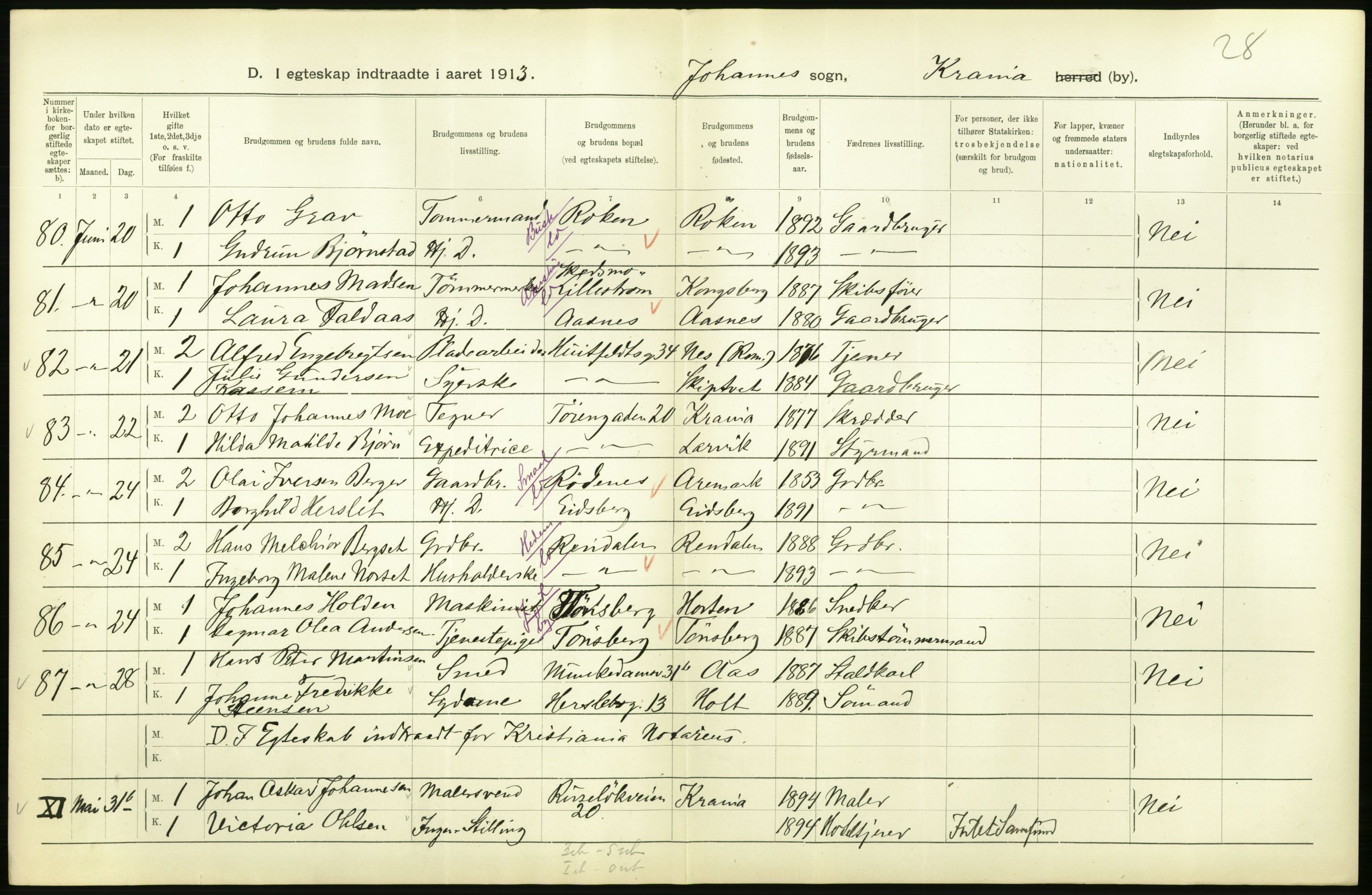 Statistisk sentralbyrå, Sosiodemografiske emner, Befolkning, AV/RA-S-2228/D/Df/Dfb/Dfbc/L0008: Kristiania: Gifte., 1913, p. 734