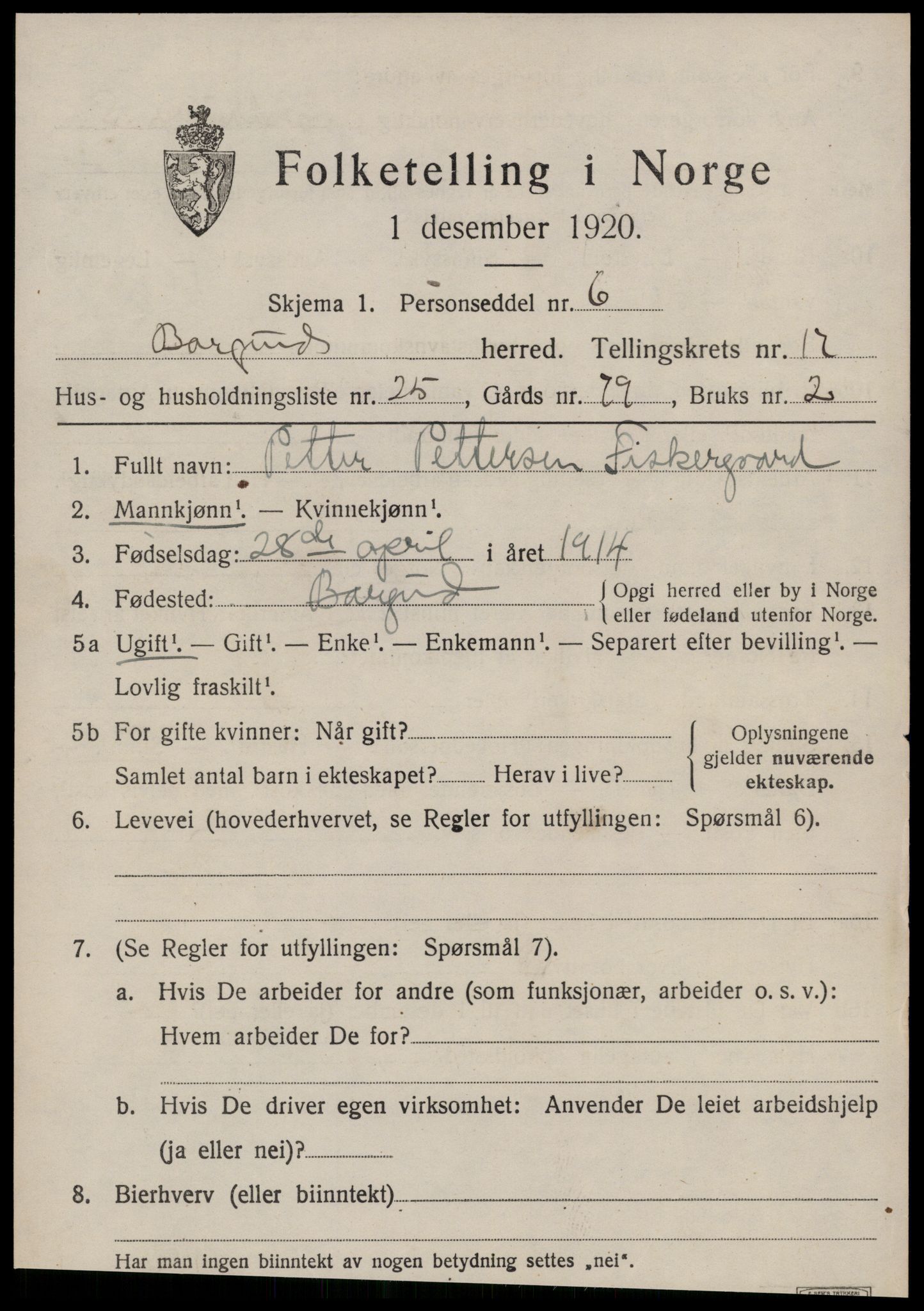 SAT, 1920 census for Borgund, 1920, p. 12914