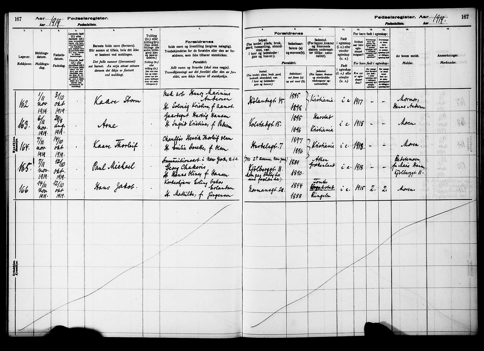 Kampen prestekontor Kirkebøker, AV/SAO-A-10853/J/Ja/L0001: Birth register no. 1, 1916-1920, p. 167