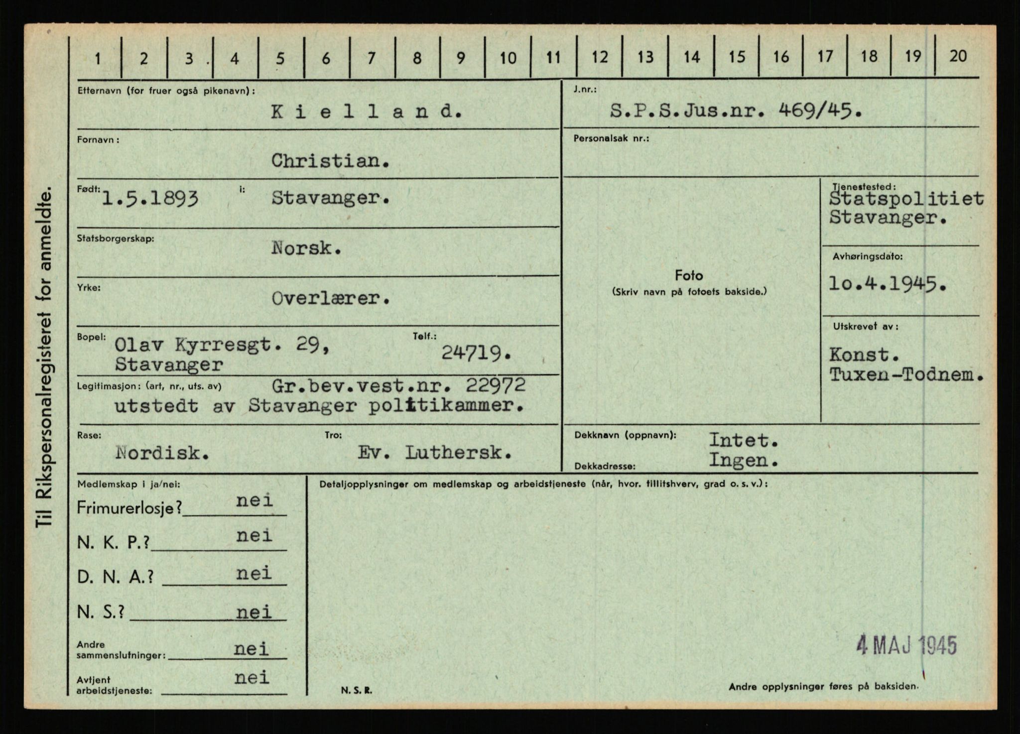 Statspolitiet - Hovedkontoret / Osloavdelingen, AV/RA-S-1329/C/Ca/L0008: Johan(nes)sen - Knoph, 1943-1945, p. 3999