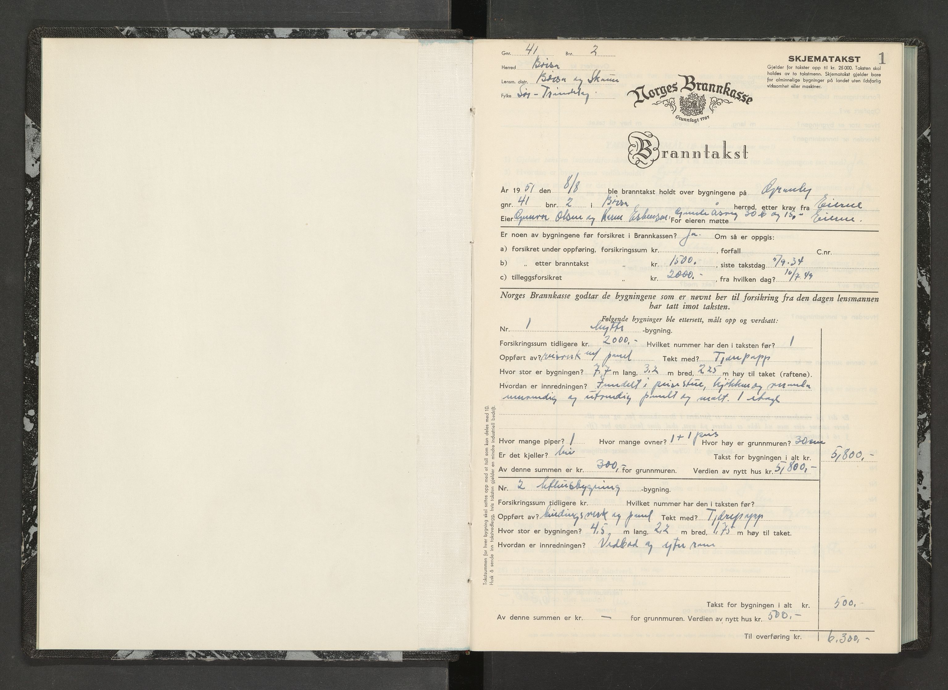 Norges Brannkasse Børsa og Skaun, AV/SAT-A-5537/Fb/L0002: Branntakstprotokoll, 1951-1955