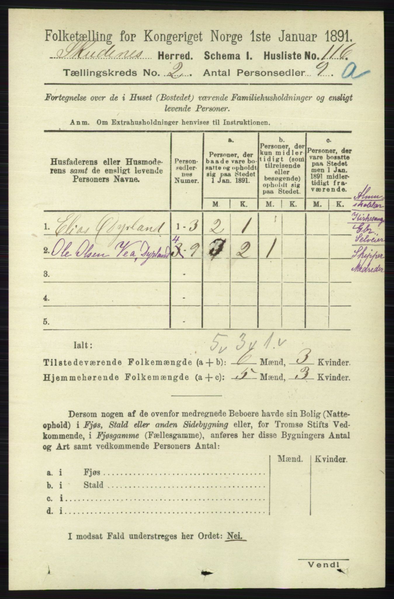 RA, 1891 census for 1150 Skudenes, 1891, p. 675