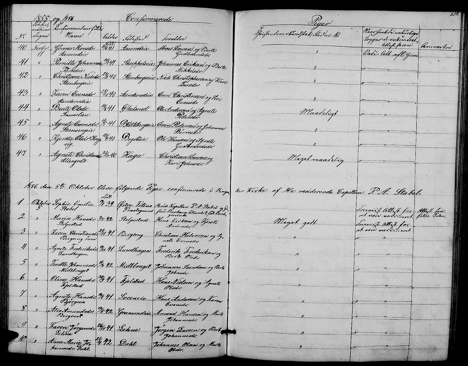Ringsaker prestekontor, SAH/PREST-014/L/La/L0006: Parish register (copy) no. 6, 1851-1860, p. 258