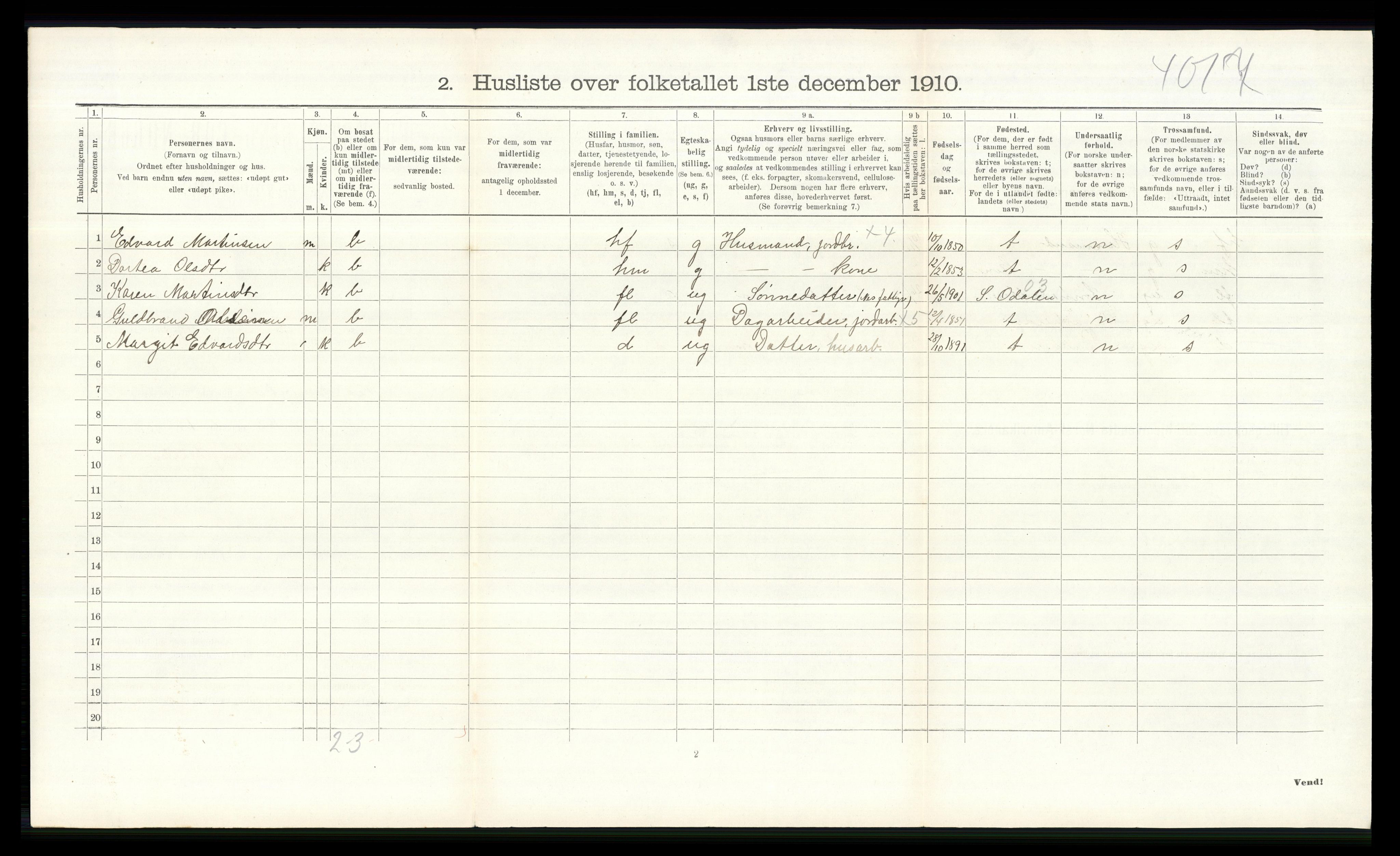 RA, 1910 census for Nes, 1910, p. 2021