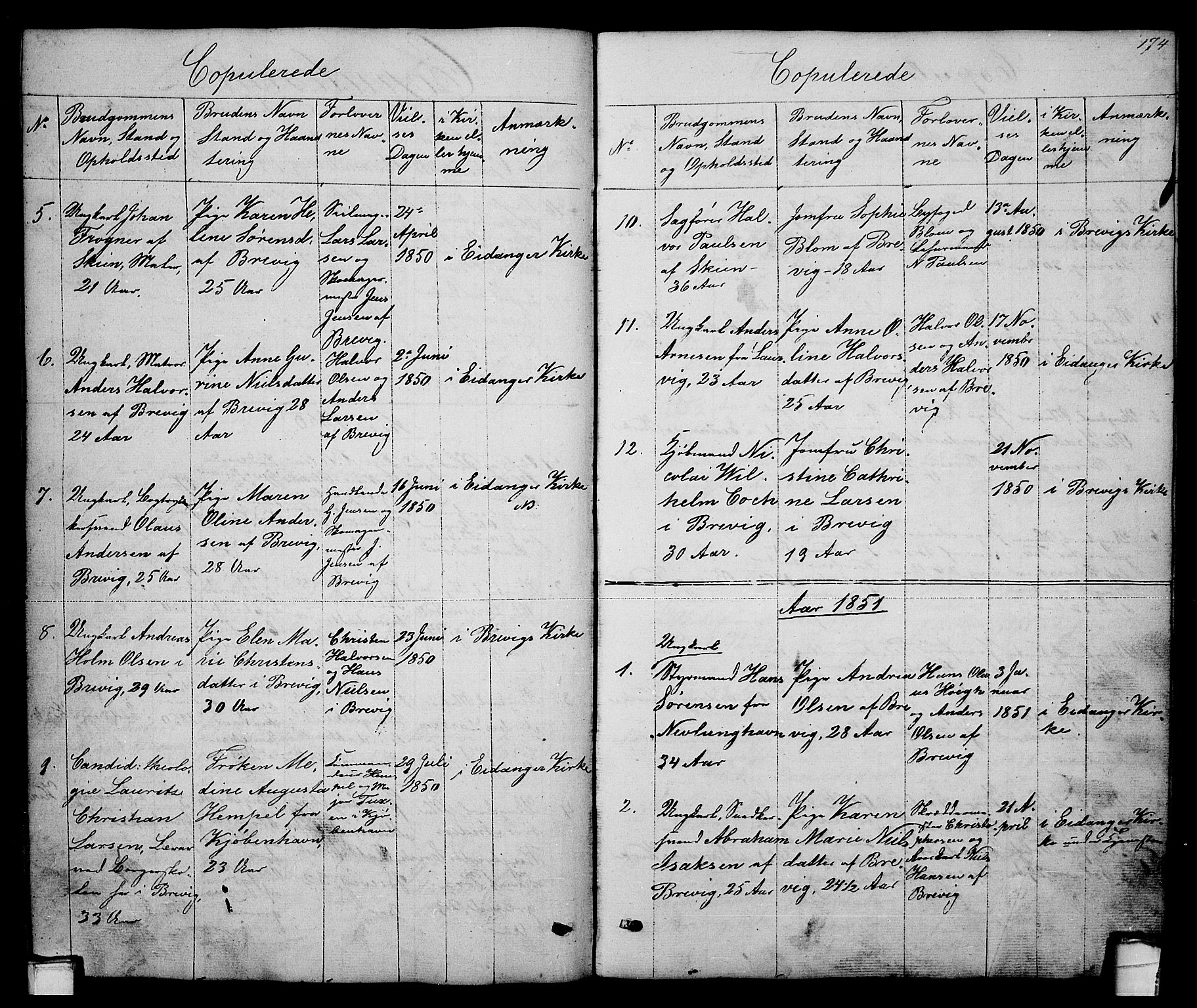 Brevik kirkebøker, SAKO/A-255/G/Ga/L0002: Parish register (copy) no. 2, 1846-1865, p. 174