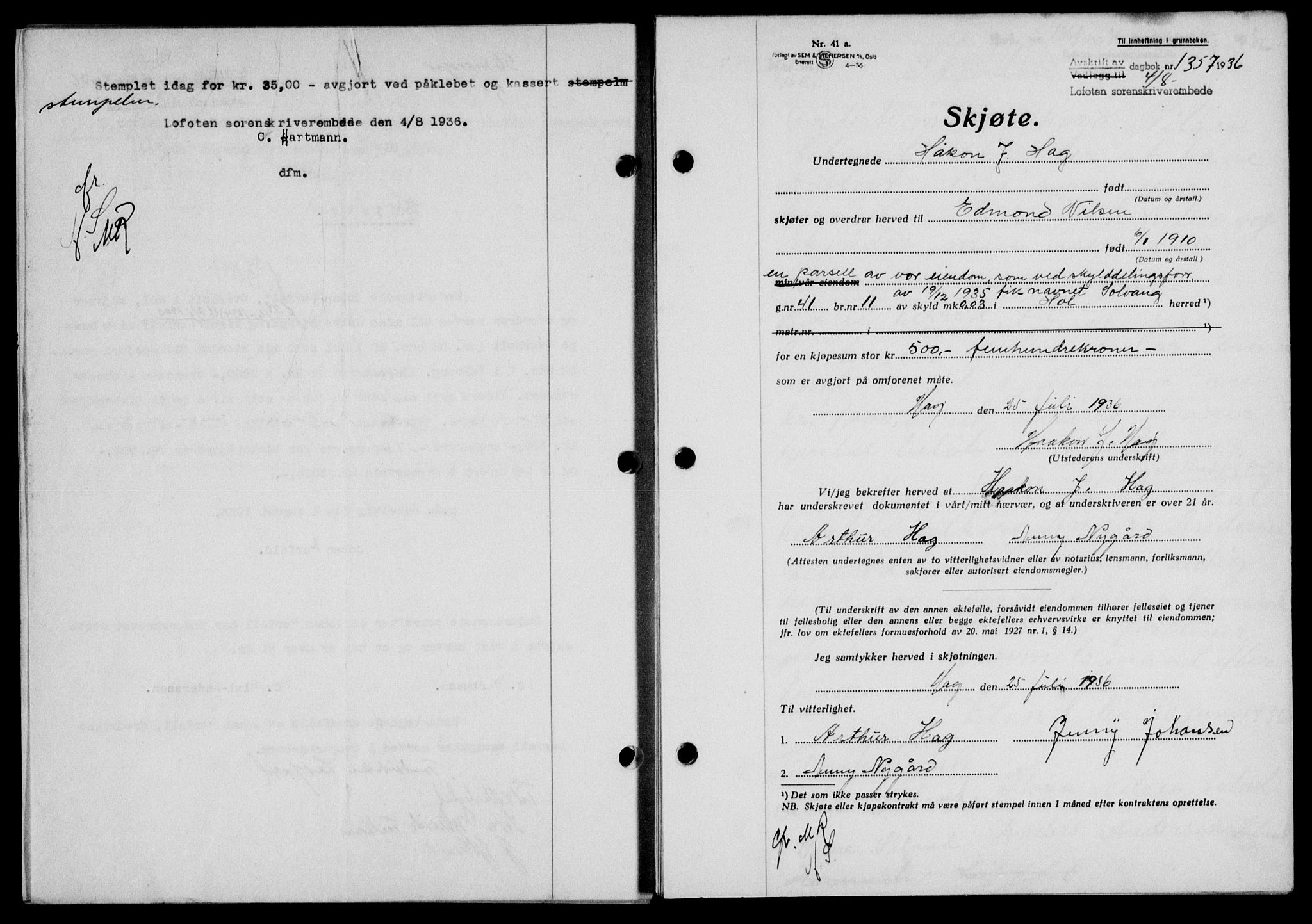 Lofoten sorenskriveri, SAT/A-0017/1/2/2C/L0001a: Mortgage book no. 1a, 1936-1937, Diary no: : 1357/1936
