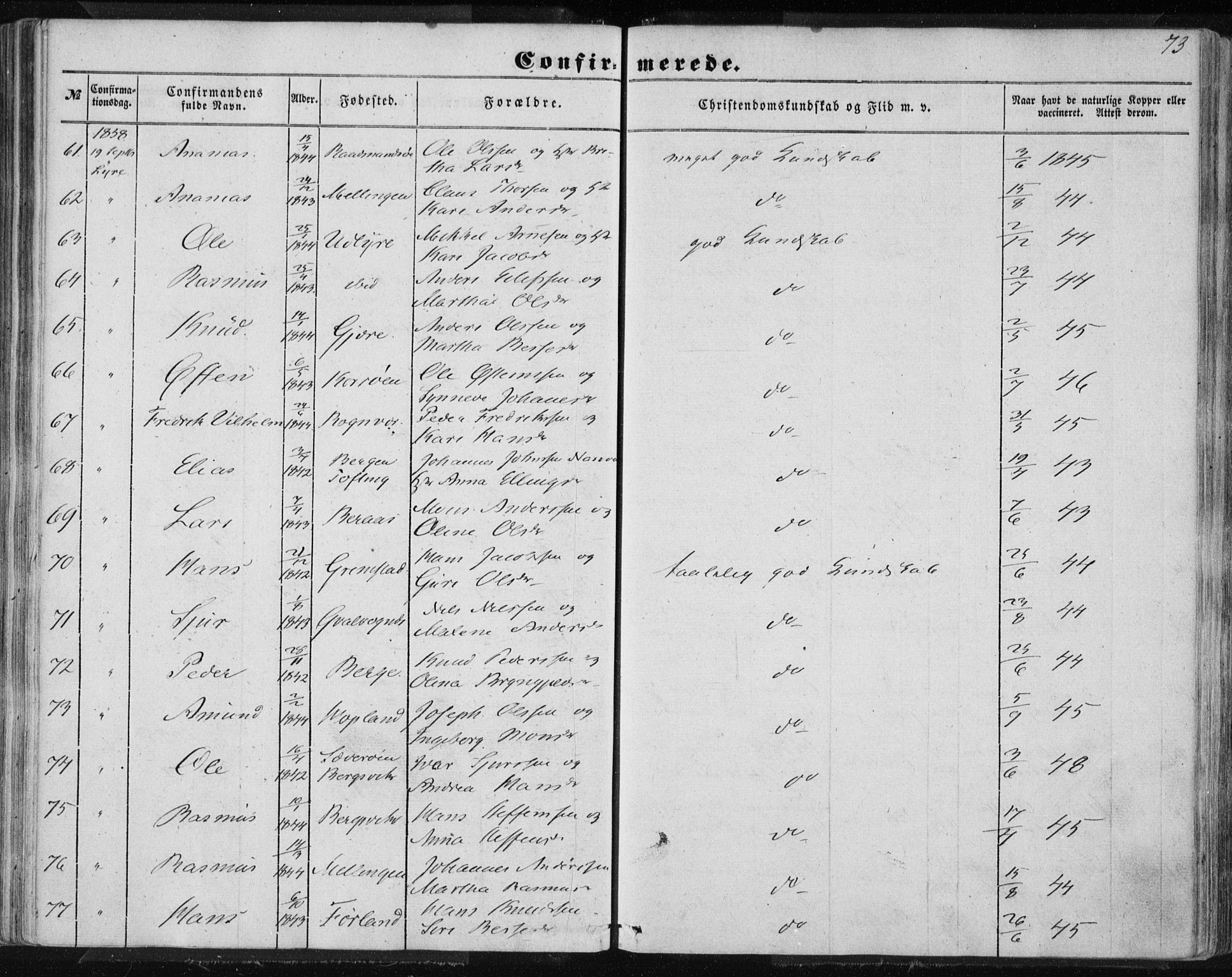 Lindås Sokneprestembete, AV/SAB-A-76701/H/Haa/Haaa/L0013: Parish register (official) no. A 13, 1848-1862, p. 73