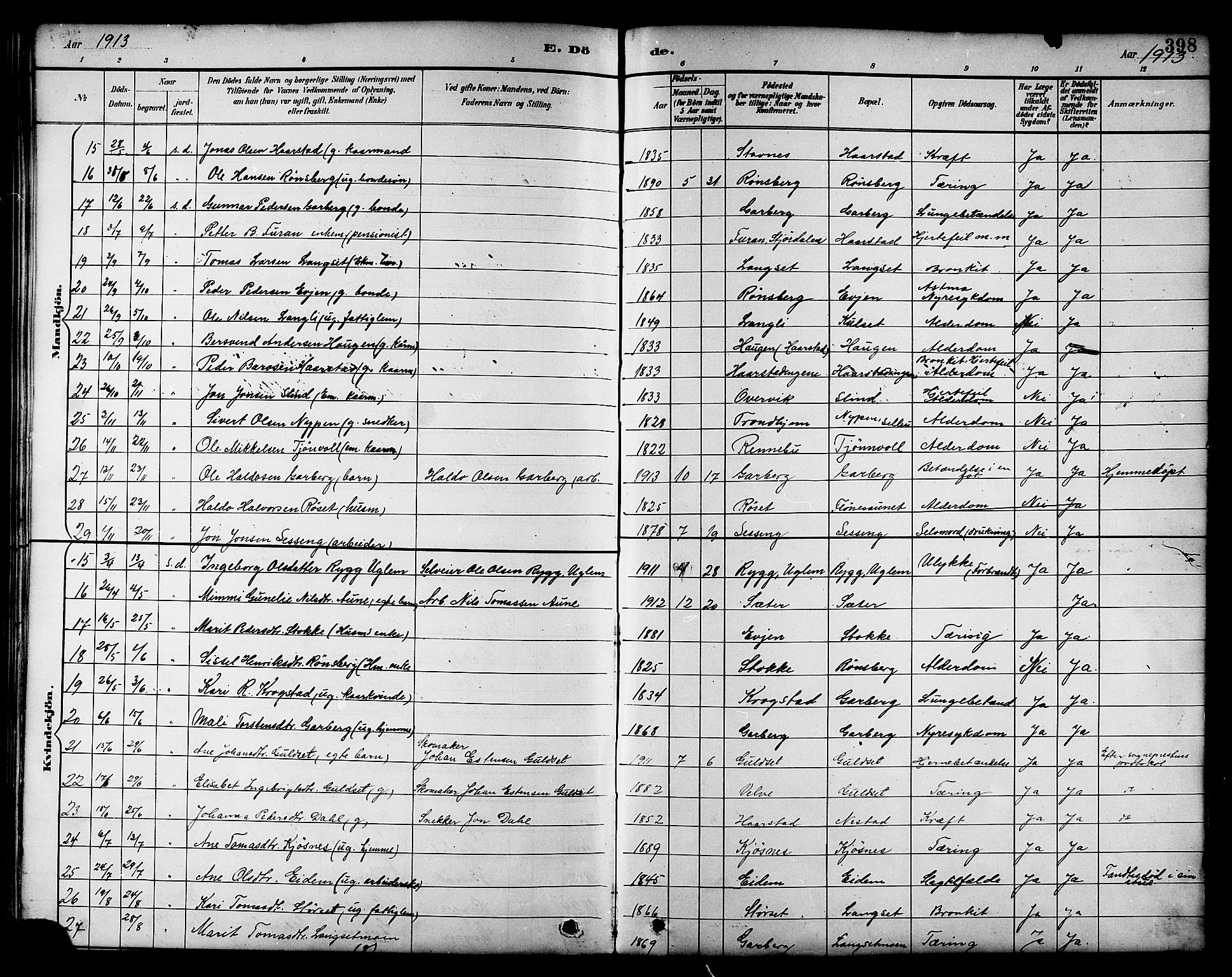 Ministerialprotokoller, klokkerbøker og fødselsregistre - Sør-Trøndelag, AV/SAT-A-1456/695/L1157: Parish register (copy) no. 695C08, 1889-1913, p. 398