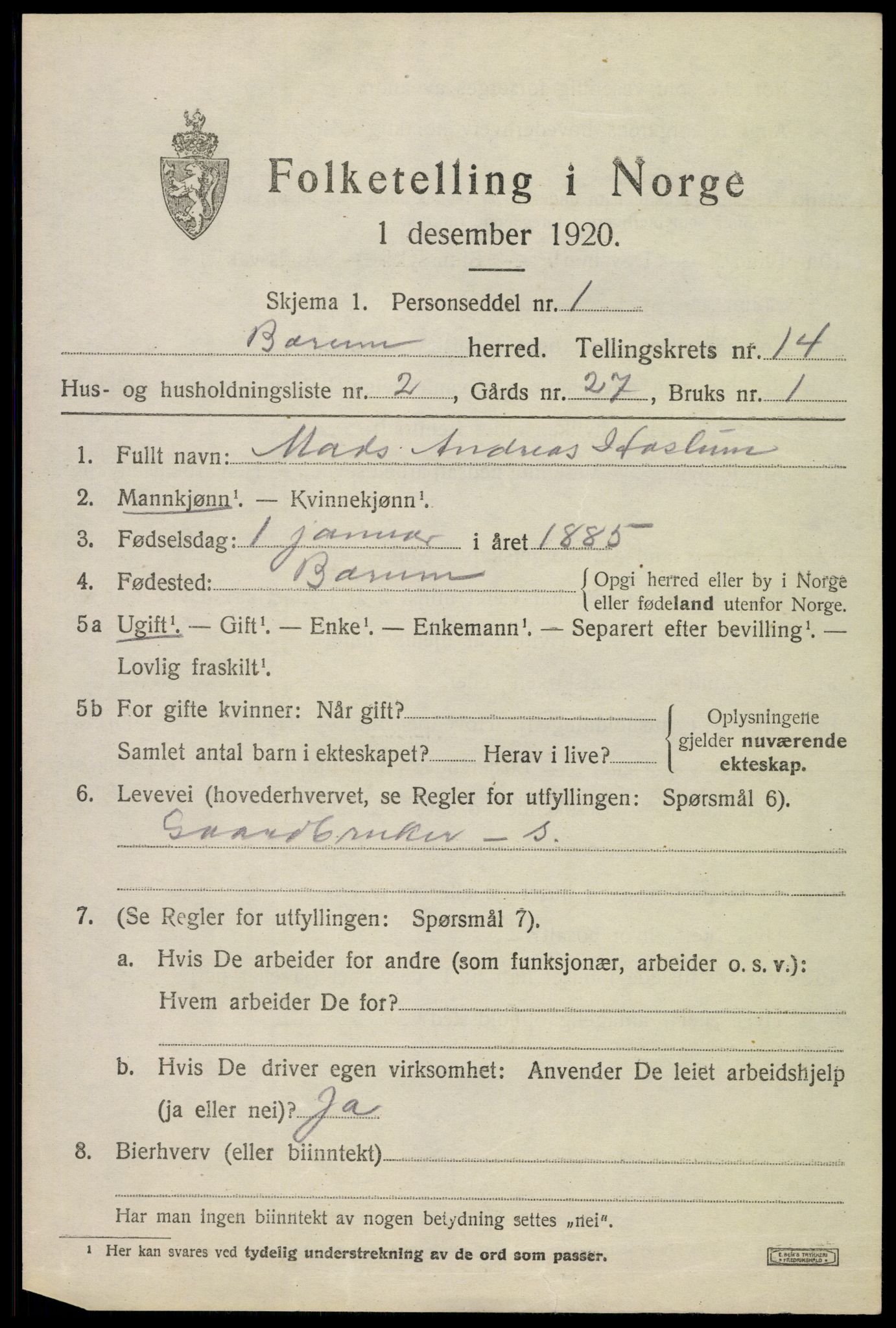 SAO, 1920 census for Bærum, 1920, p. 41140