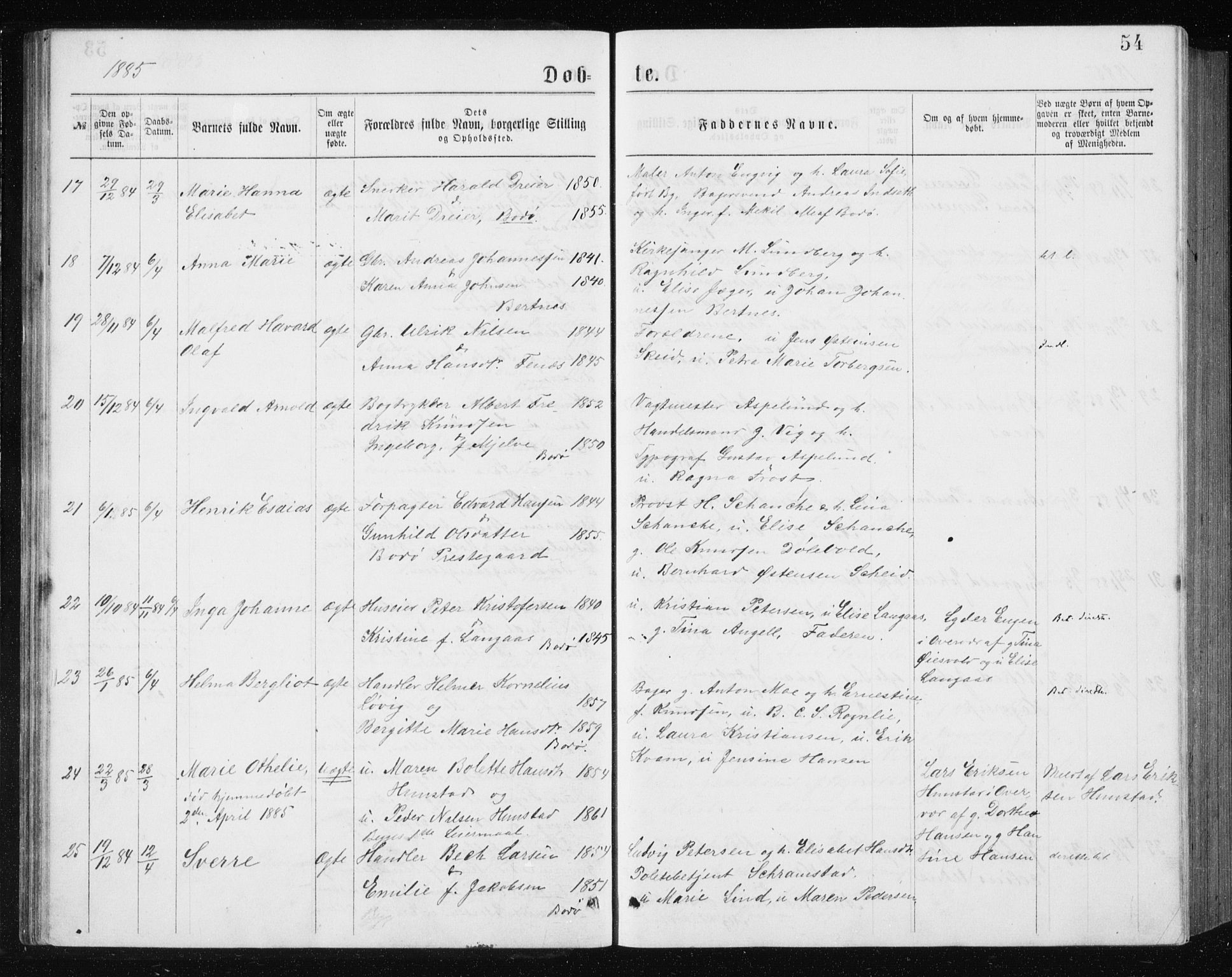 Ministerialprotokoller, klokkerbøker og fødselsregistre - Nordland, AV/SAT-A-1459/801/L0031: Parish register (copy) no. 801C06, 1883-1887, p. 54