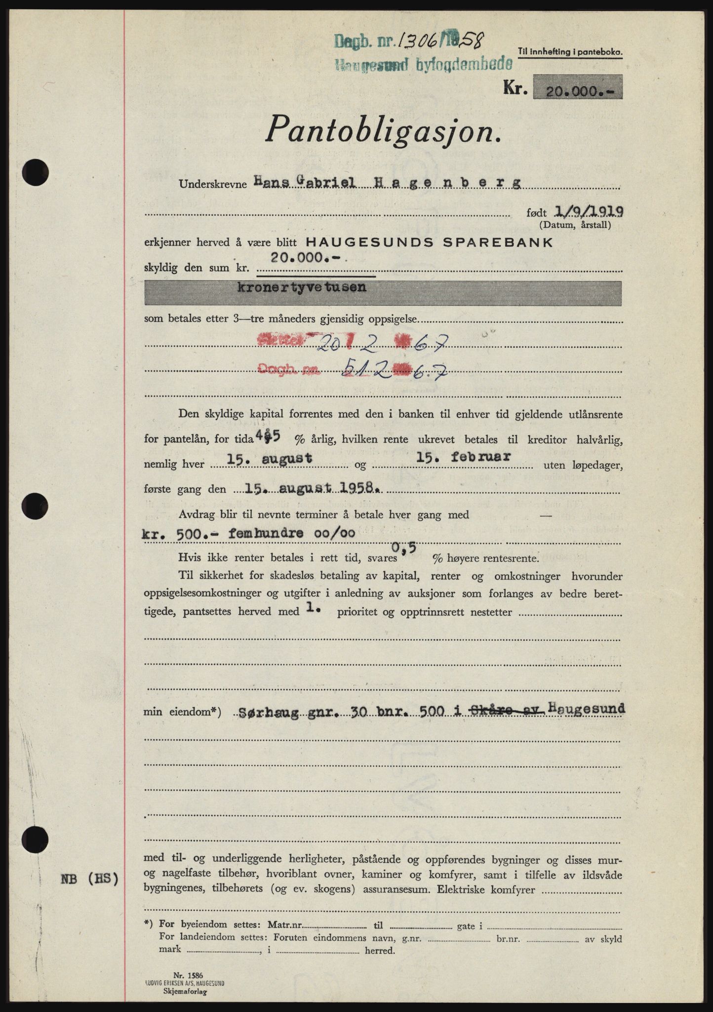 Haugesund tingrett, SAST/A-101415/01/II/IIC/L0044: Mortgage book no. B 44, 1958-1959, Diary no: : 1306/1958