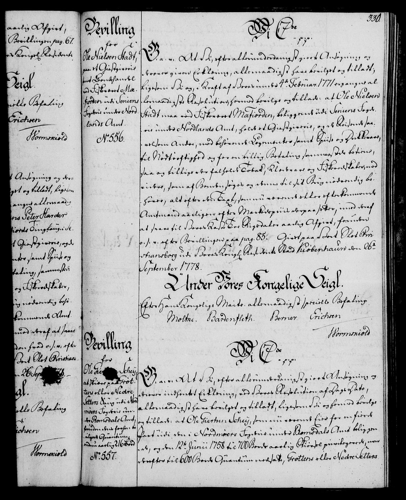 Rentekammeret, Kammerkanselliet, AV/RA-EA-3111/G/Gg/Gga/L0010: Norsk ekspedisjonsprotokoll med register (merket RK 53.10), 1773-1778, p. 330