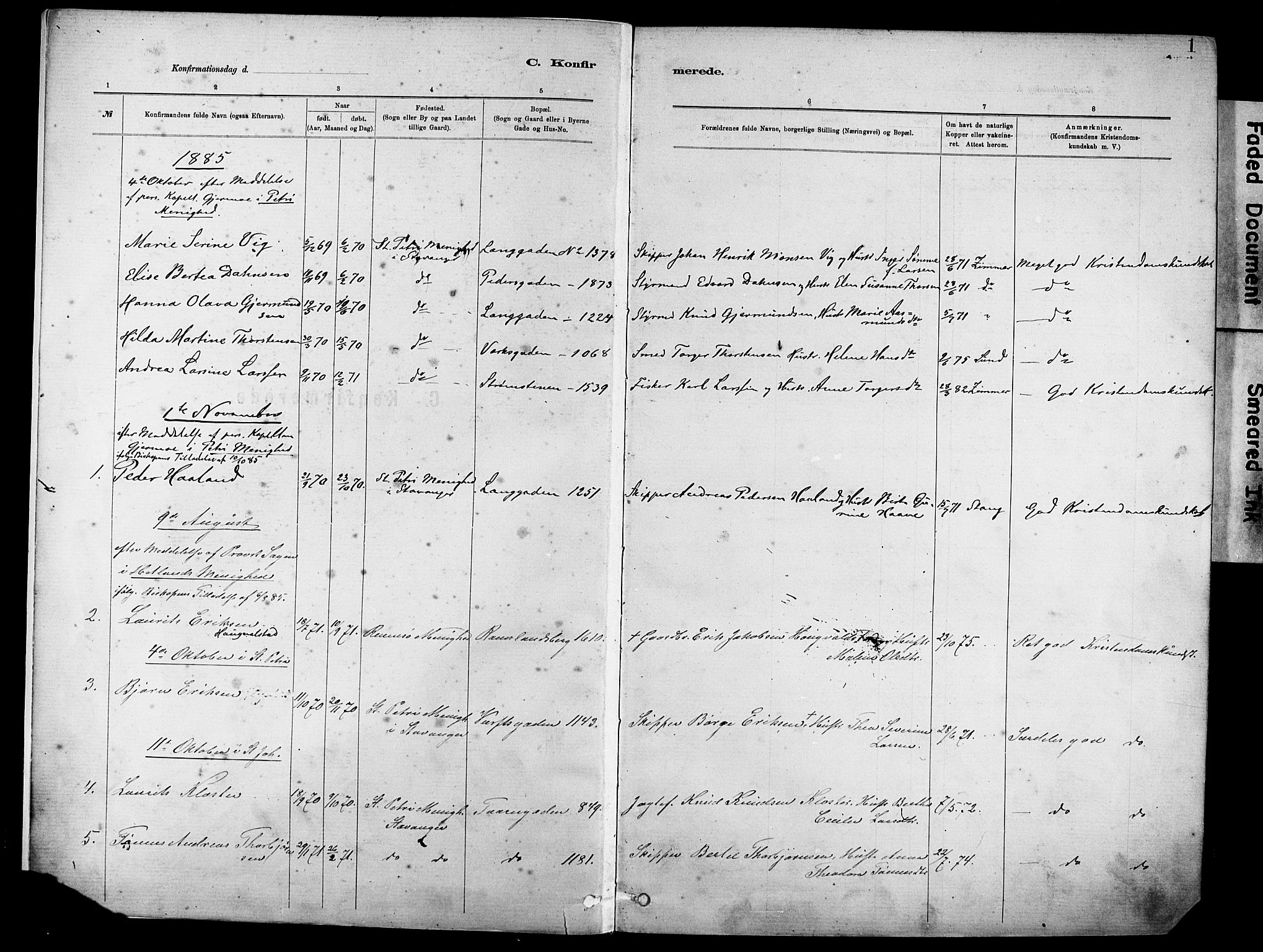 St. Johannes sokneprestkontor, SAST/A-101814/001/30/30BA/L0002: Parish register (official) no. A 2, 1885-1899, p. 1