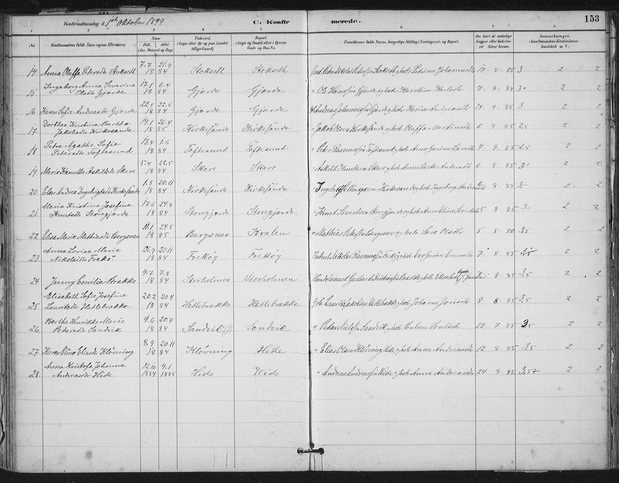 Ministerialprotokoller, klokkerbøker og fødselsregistre - Møre og Romsdal, AV/SAT-A-1454/503/L0037: Parish register (official) no. 503A05, 1884-1900, p. 153