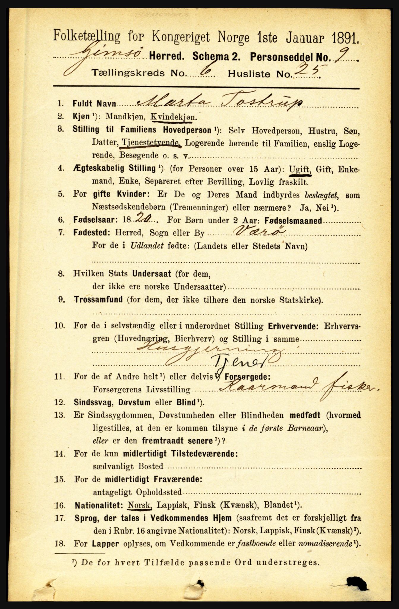 RA, 1891 census for 1864 Gimsøy, 1891, p. 1168