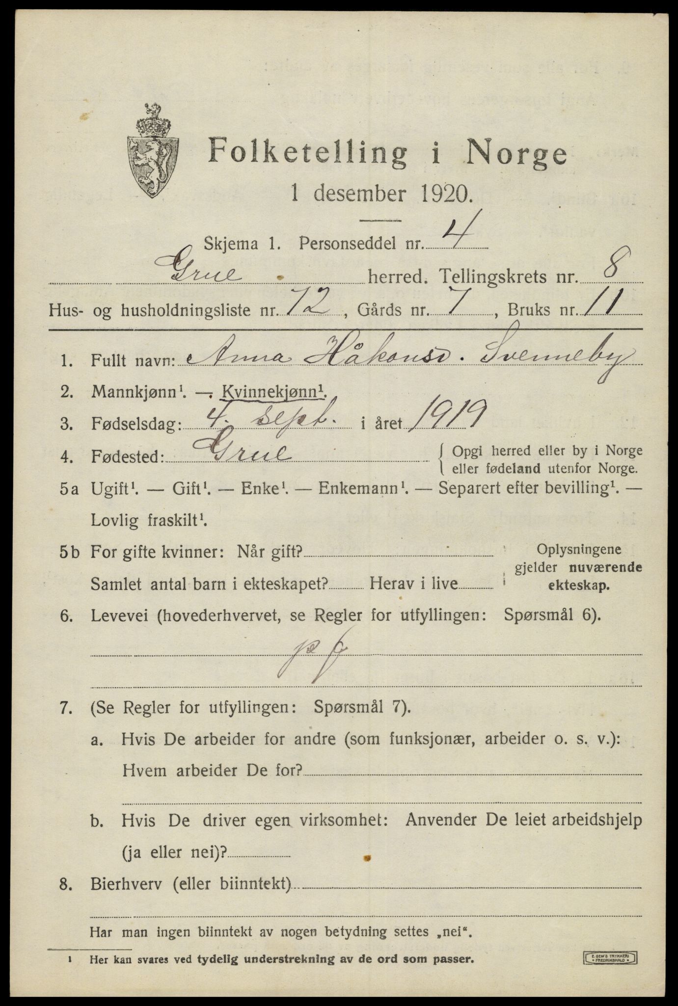 SAH, 1920 census for Grue, 1920, p. 7737