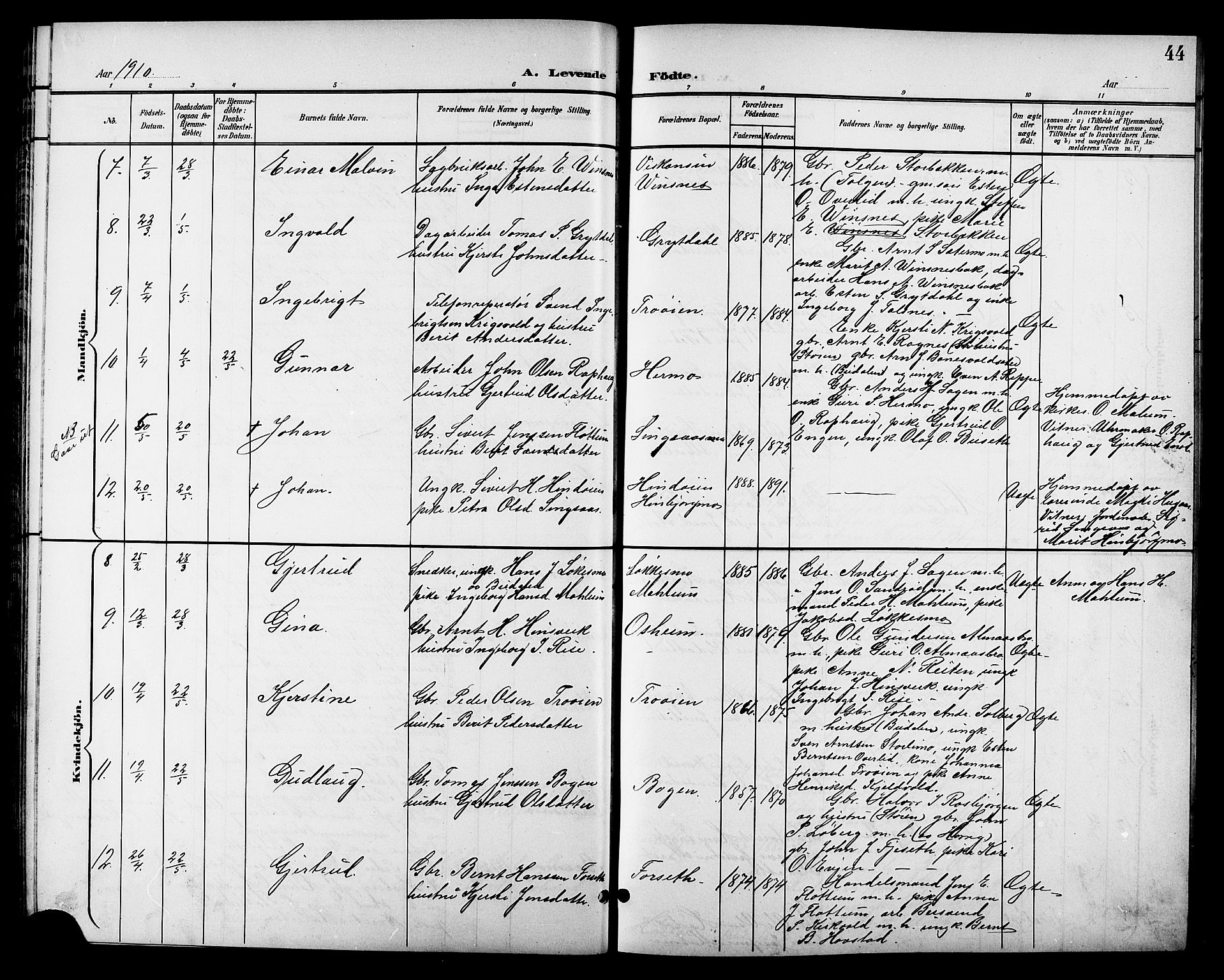 Ministerialprotokoller, klokkerbøker og fødselsregistre - Sør-Trøndelag, AV/SAT-A-1456/688/L1029: Parish register (copy) no. 688C04, 1899-1915, p. 44