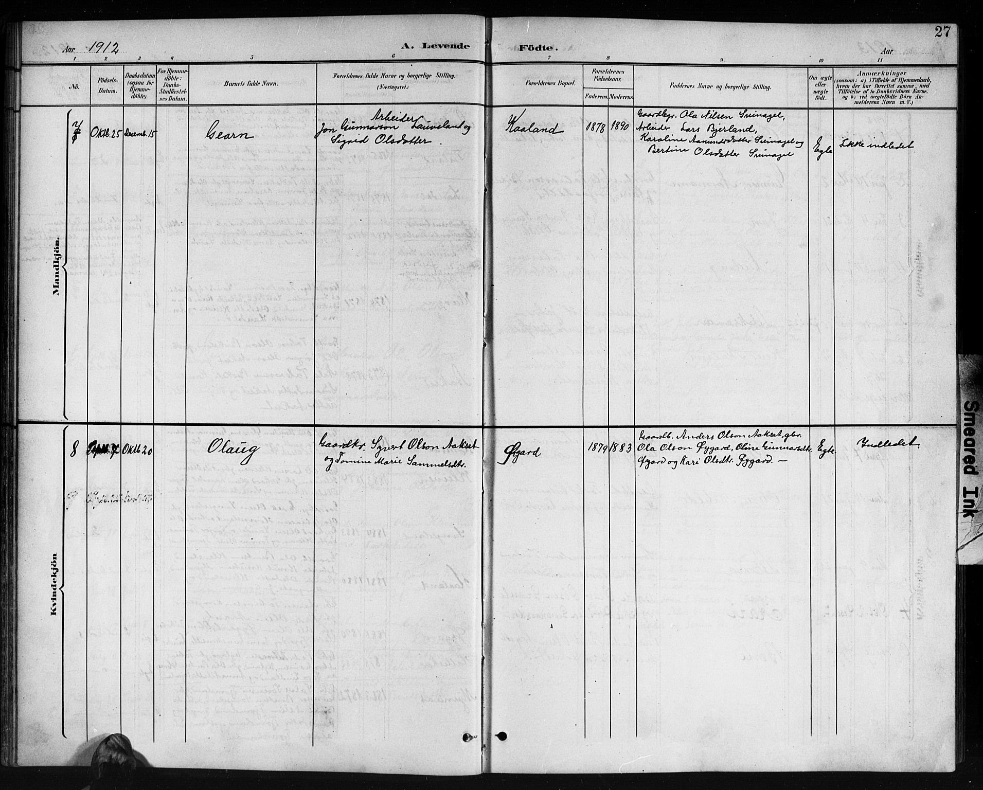 Holum sokneprestkontor, SAK/1111-0022/F/Fb/Fbb/L0004: Parish register (copy) no. B 4, 1899-1920, p. 27