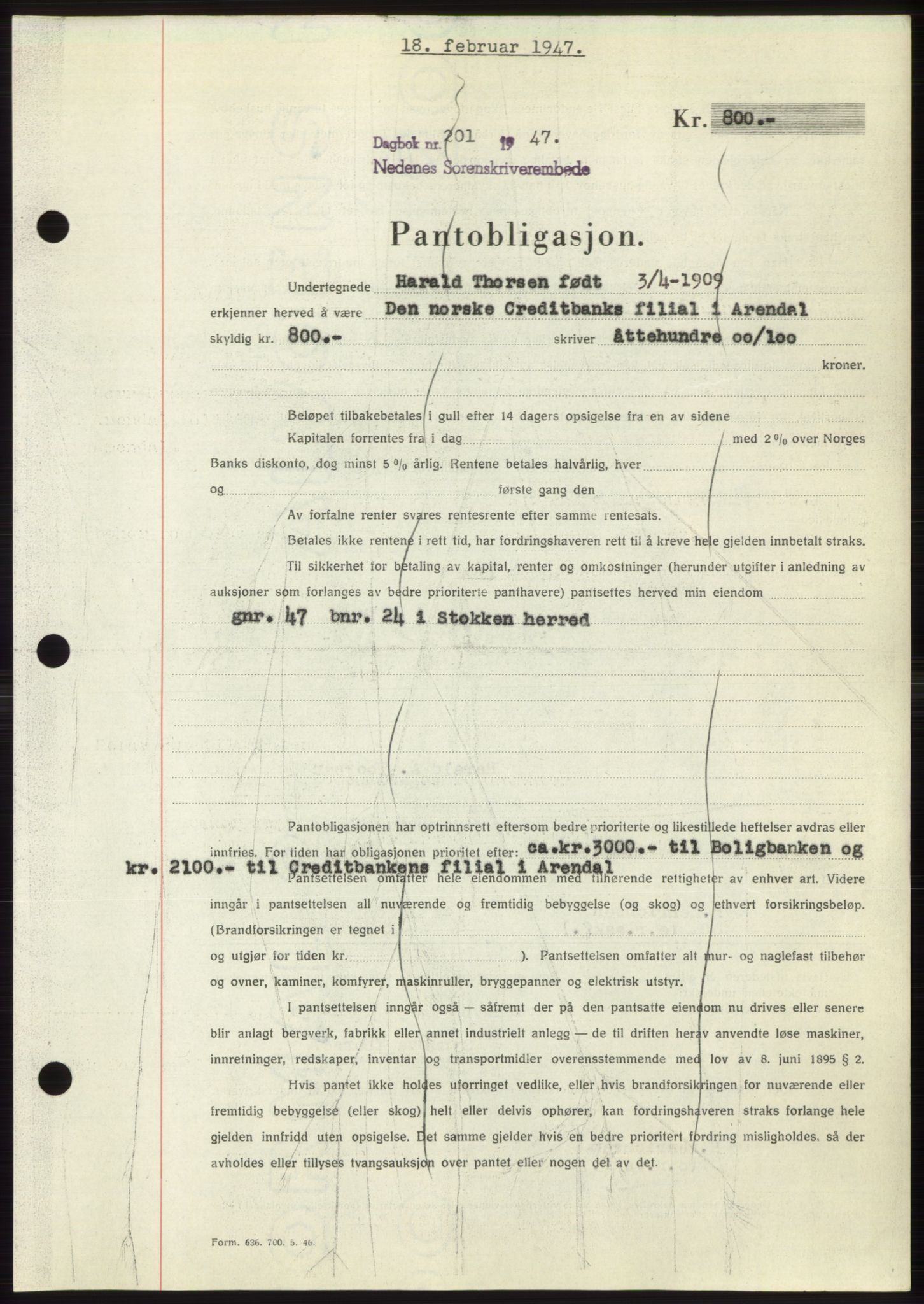 Nedenes sorenskriveri, AV/SAK-1221-0006/G/Gb/Gbb/L0004: Mortgage book no. B4, 1947-1947, Diary no: : 201/1947