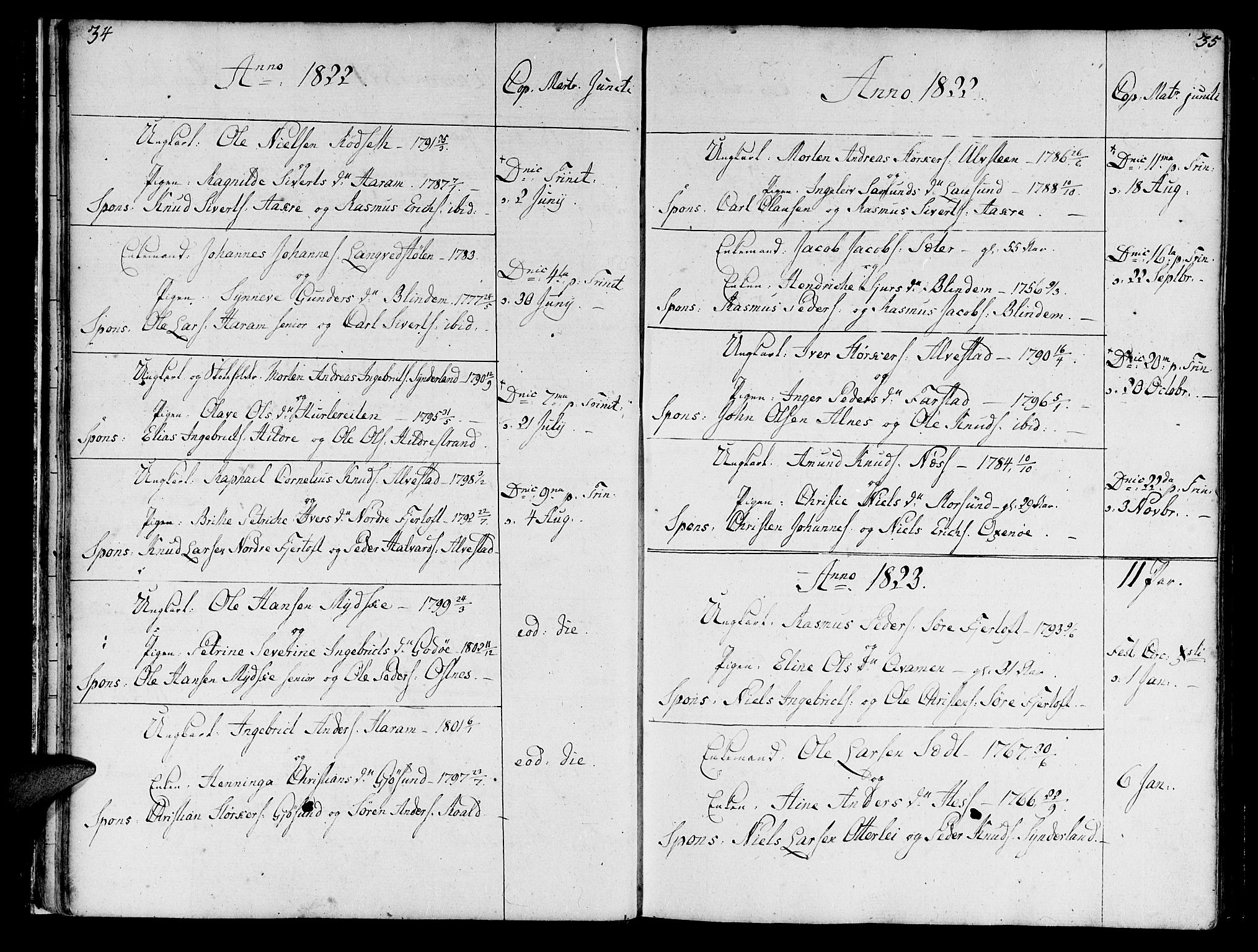Ministerialprotokoller, klokkerbøker og fødselsregistre - Møre og Romsdal, SAT/A-1454/536/L0494: Parish register (official) no. 536A03, 1803-1836, p. 34-35