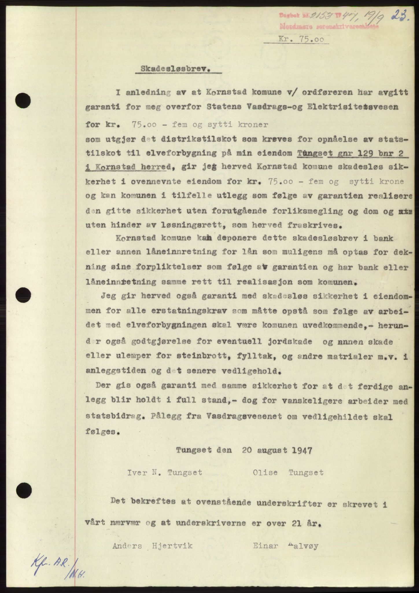 Nordmøre sorenskriveri, AV/SAT-A-4132/1/2/2Ca: Mortgage book no. B97, 1947-1948, Diary no: : 2153/1947