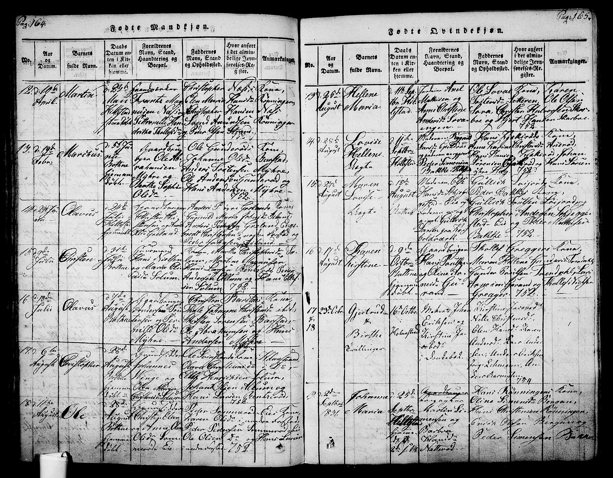 Botne kirkebøker, AV/SAKO-A-340/F/Fa/L0005: Parish register (official) no. I 5, 1814-1836, p. 164-165