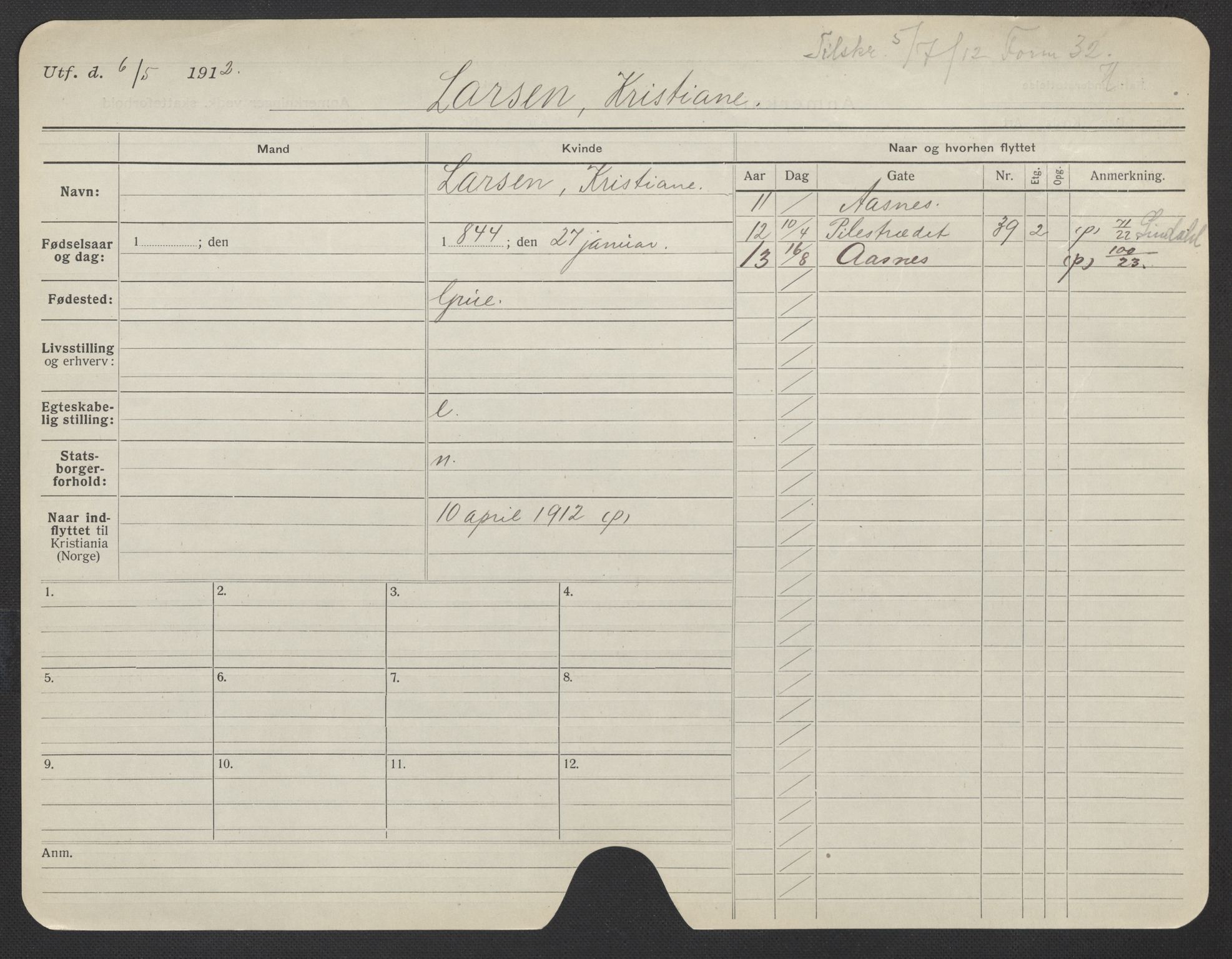 Oslo folkeregister, Registerkort, AV/SAO-A-11715/F/Fa/Fac/L0019: Kvinner, 1906-1914, p. 1016a