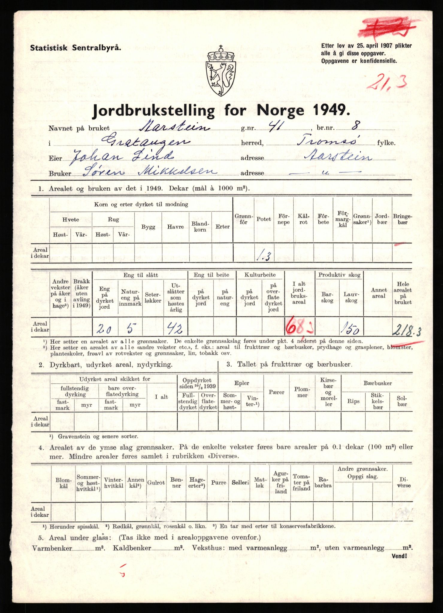 Statistisk sentralbyrå, Næringsøkonomiske emner, Jordbruk, skogbruk, jakt, fiske og fangst, AV/RA-S-2234/G/Gc/L0437: Troms: Gratangen og Lavangen, 1949, p. 1266