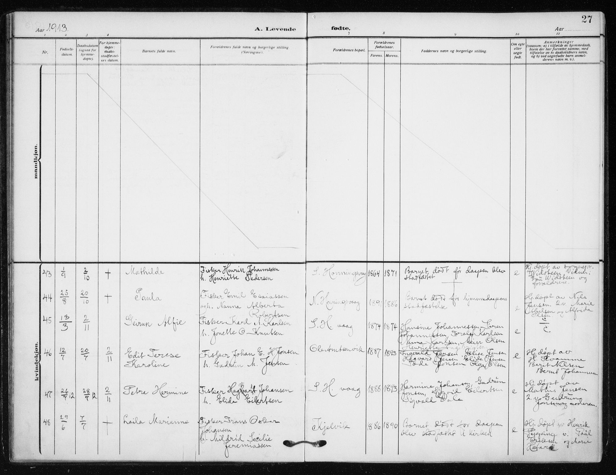 Kjelvik/Nordkapp sokneprestkontor, AV/SATØ-S-1350/H/Ha/L0001kirke: Parish register (official) no. 1, 1911-1919, p. 27