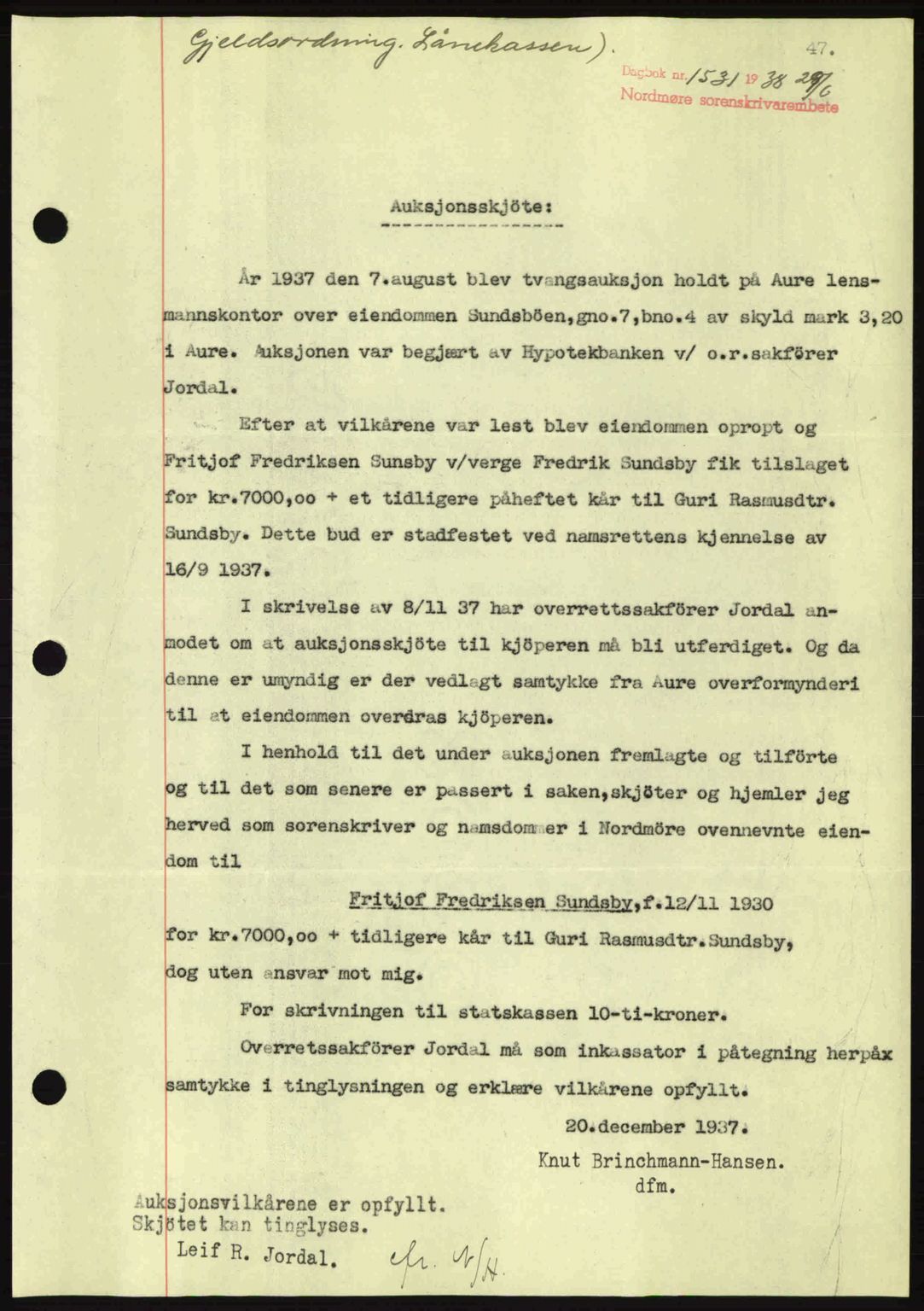 Nordmøre sorenskriveri, AV/SAT-A-4132/1/2/2Ca: Mortgage book no. A84, 1938-1938, Diary no: : 1531/1938