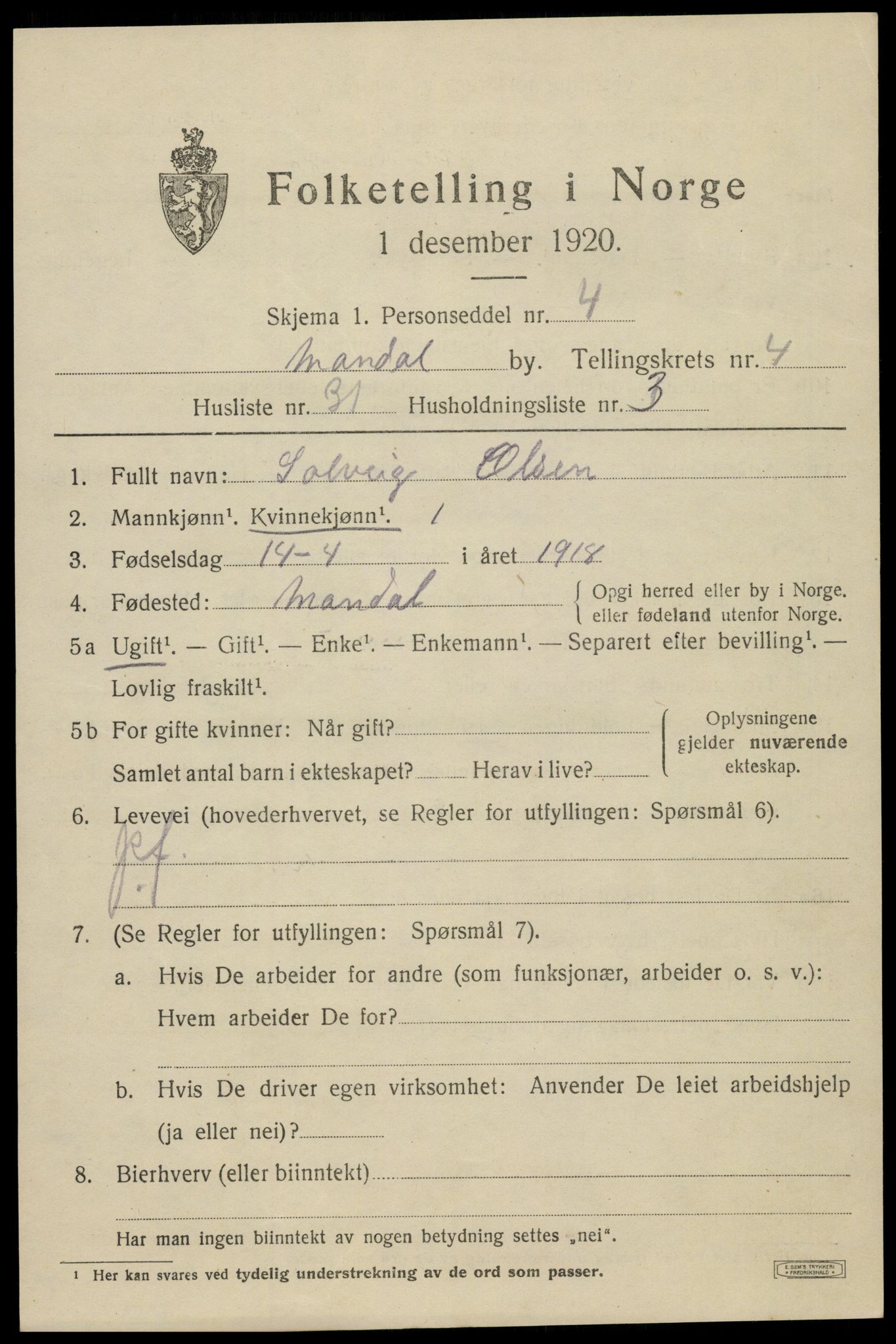 SAK, 1920 census for Mandal, 1920, p. 7321