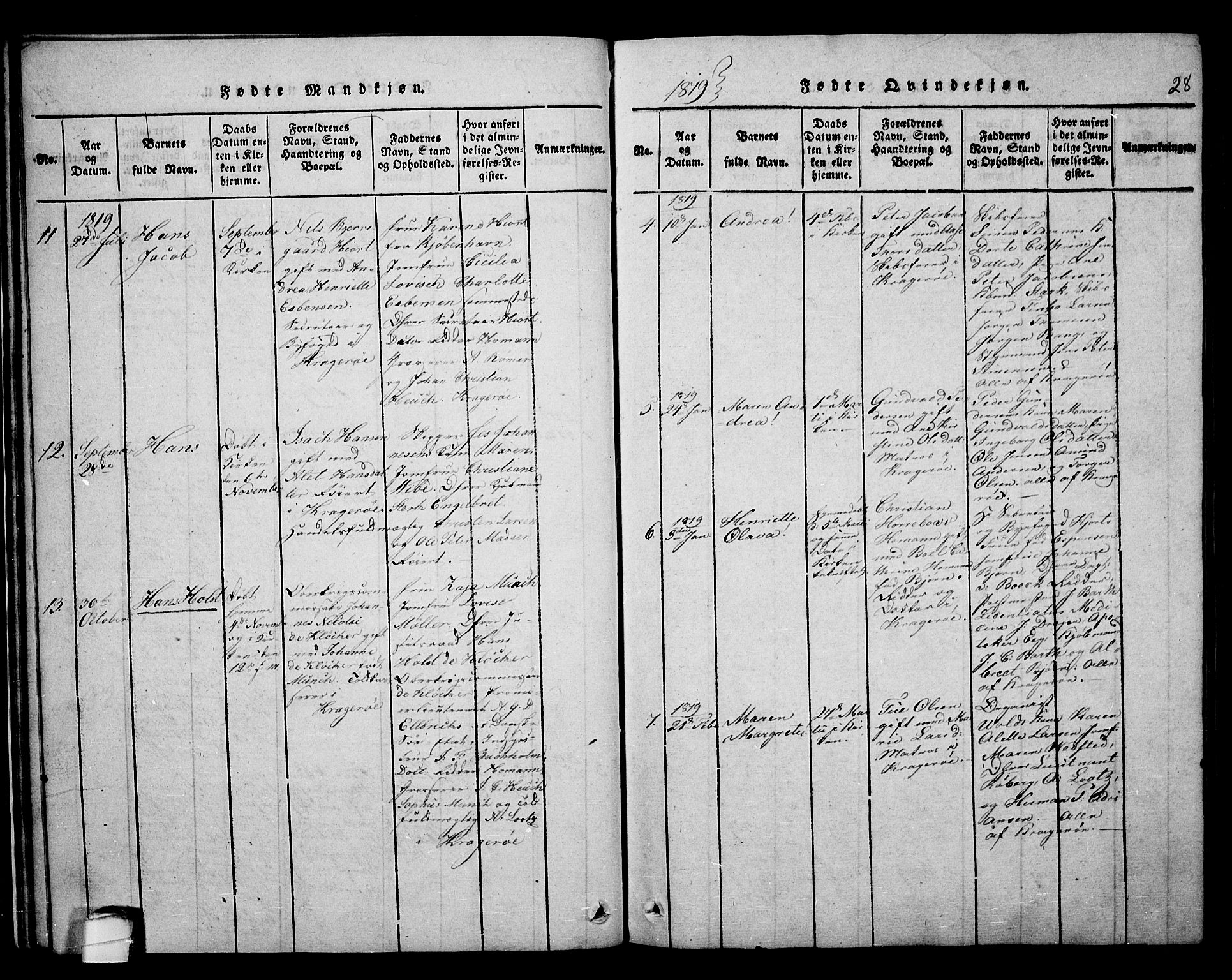 Kragerø kirkebøker, SAKO/A-278/F/Fa/L0004: Parish register (official) no. 4, 1814-1831, p. 28
