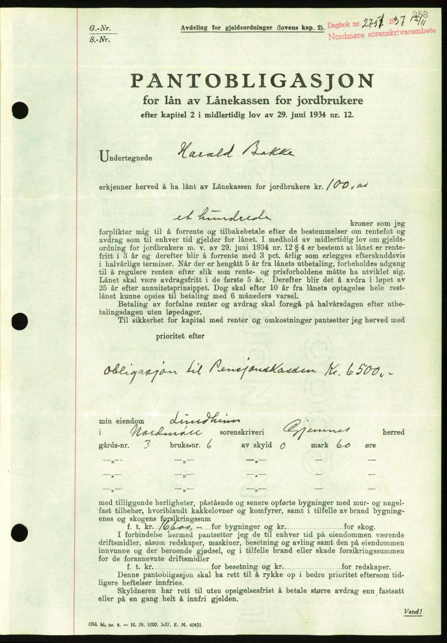 Nordmøre sorenskriveri, AV/SAT-A-4132/1/2/2Ca/L0092: Mortgage book no. B82, 1937-1938, Diary no: : 2751/1937