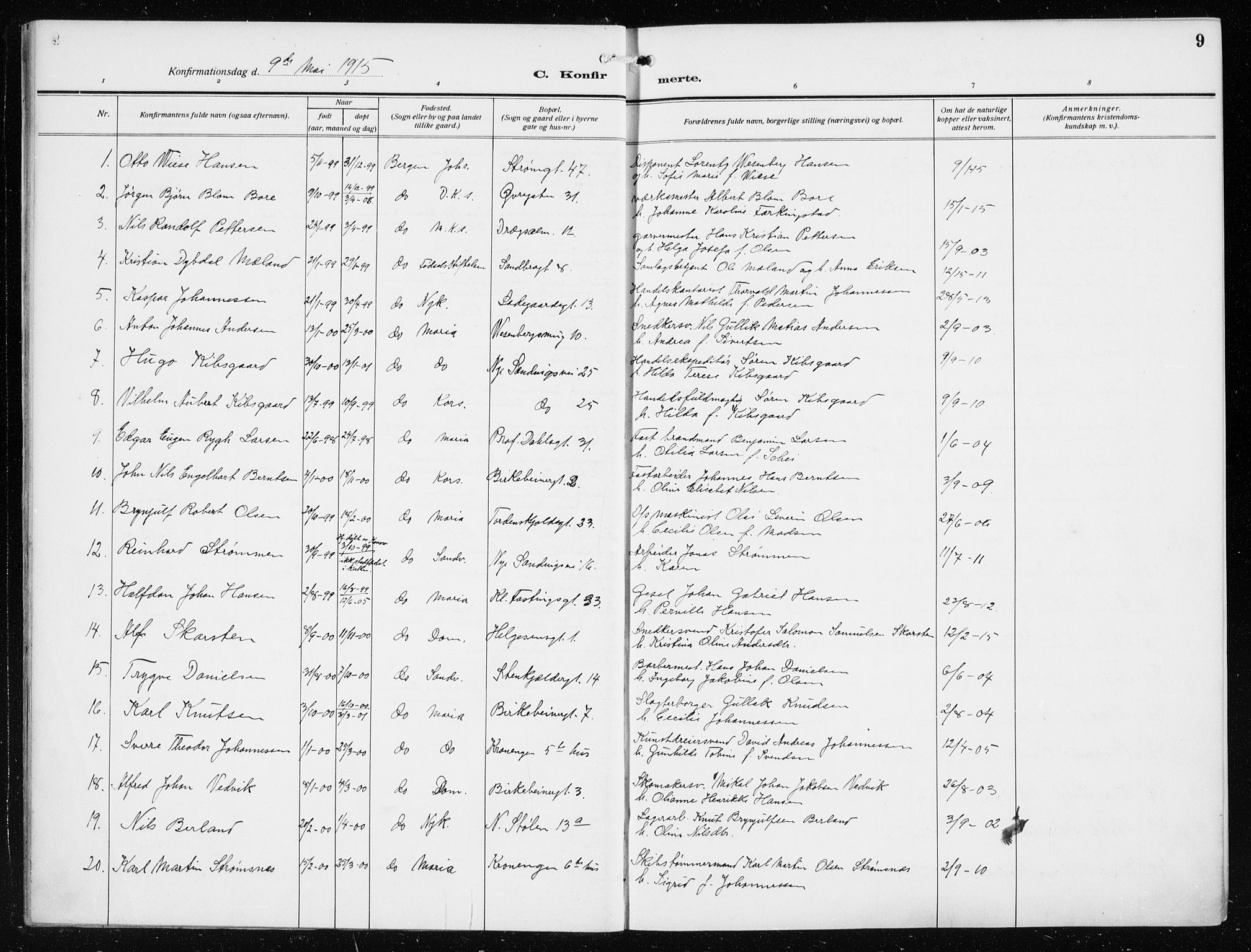 Mariakirken Sokneprestembete, SAB/A-76901/H/Haa/L0015: Parish register (official) no. C 3, 1913-1927, p. 9