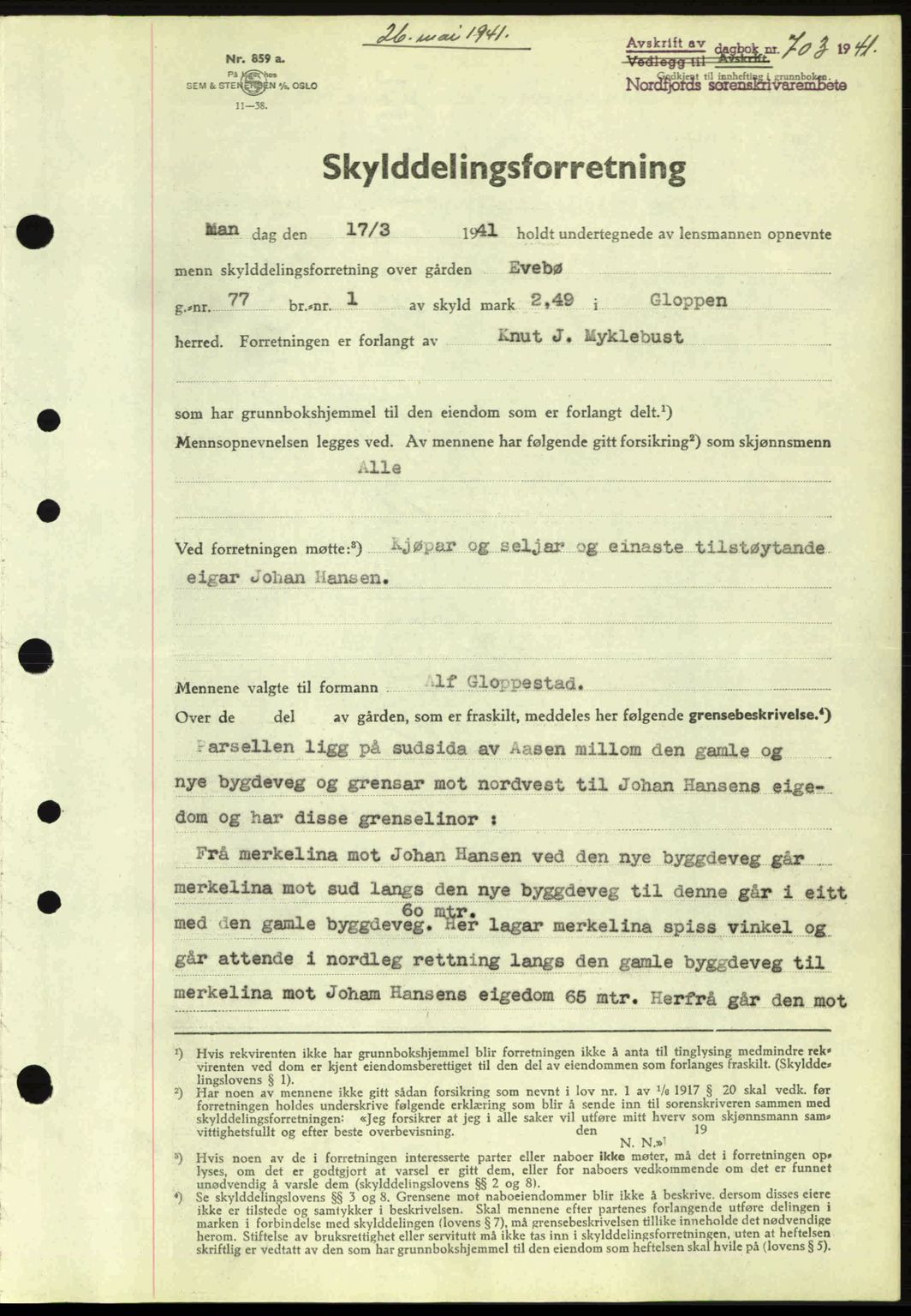 Nordfjord sorenskriveri, AV/SAB-A-2801/02/02b/02bj/L0006: Mortgage book no. A6, 1940-1941, Diary no: : 703/1941