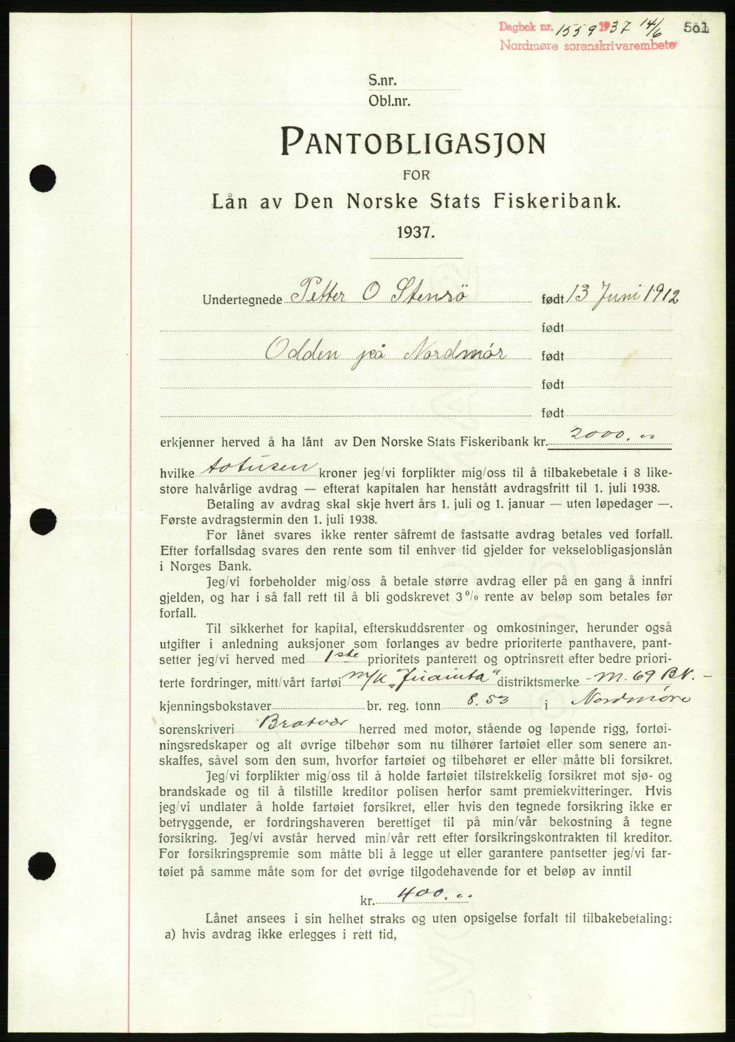 Nordmøre sorenskriveri, AV/SAT-A-4132/1/2/2Ca/L0091: Mortgage book no. B81, 1937-1937, Diary no: : 1559/1937