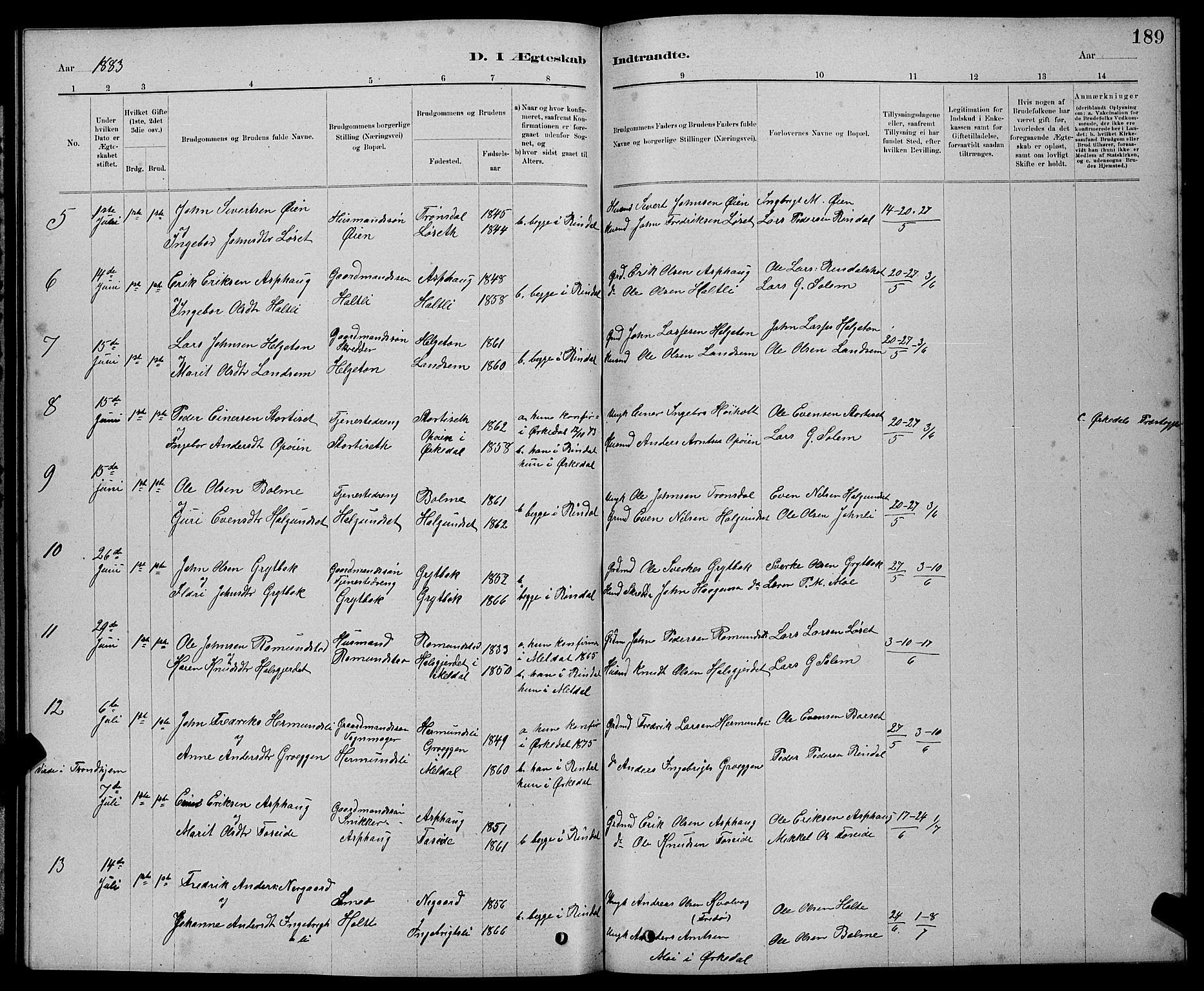 Ministerialprotokoller, klokkerbøker og fødselsregistre - Møre og Romsdal, AV/SAT-A-1454/598/L1077: Parish register (copy) no. 598C02, 1879-1891, p. 189