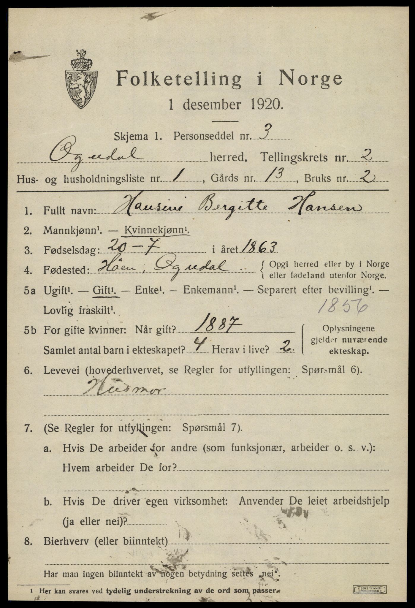 SAT, 1920 census for Ogndal, 1920, p. 707