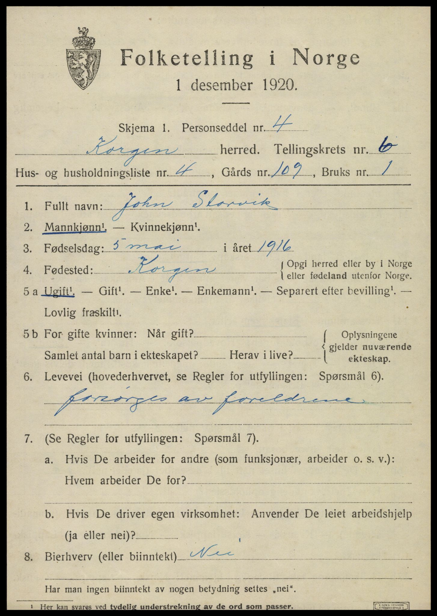 SAT, 1920 census for Korgen, 1920, p. 2458